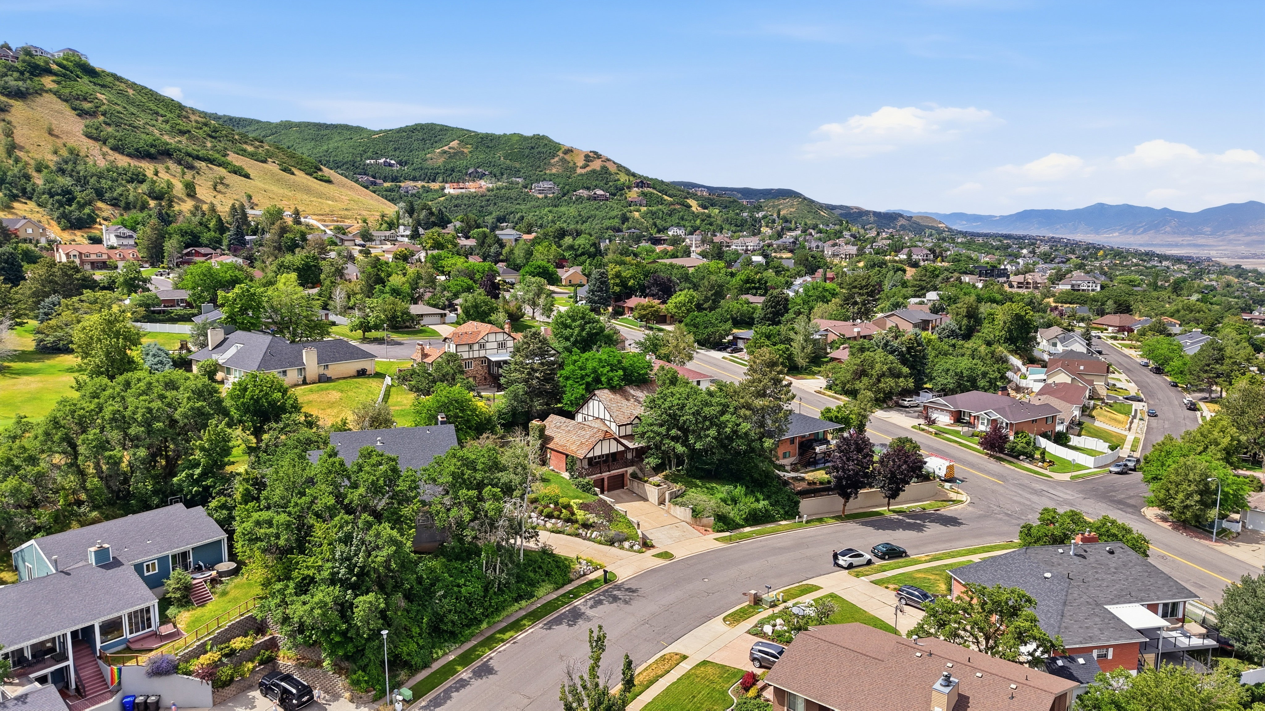 Residential neighborhood featuring paved streets, mature trees, and hillside topography