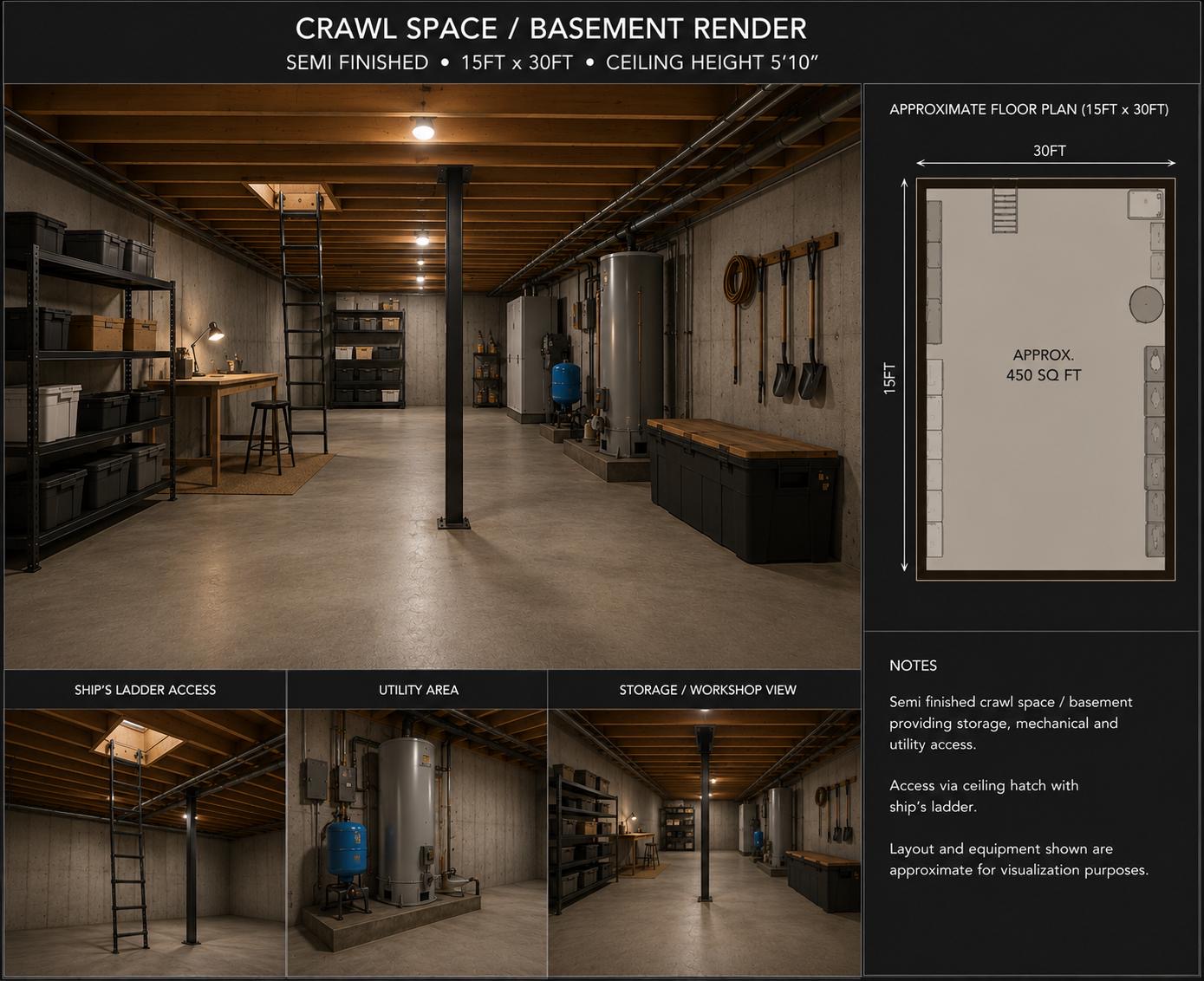 Rare 5'10" crawl space offering exceptional storage potential with mechanical systems thoughtfully tucked away below.**Architectural rendering - finishes subject to completion.**