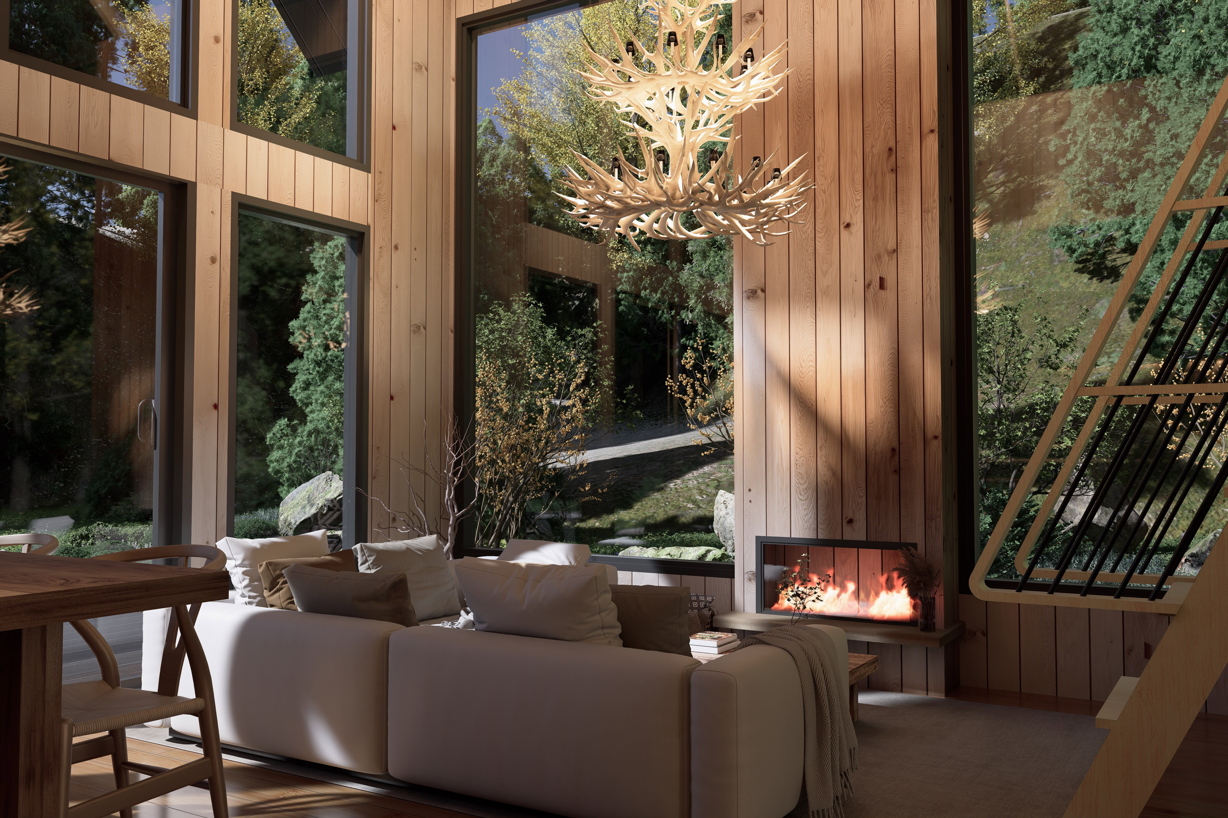 Breathtaking vaulted living space with floor-to-ceiling windows, natural wood detailing, and cozy mountain cabin ambience including a gas fireplace.