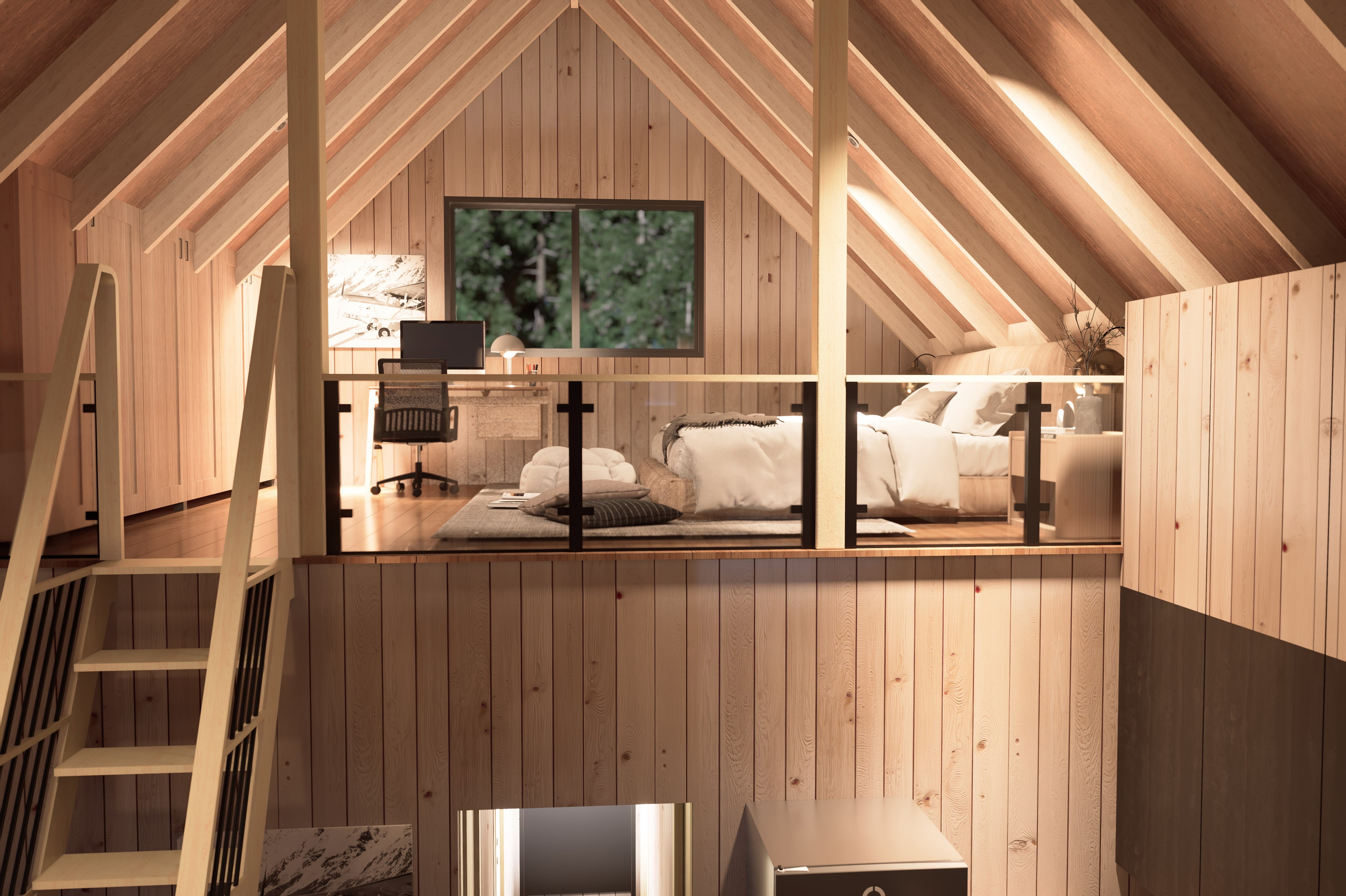 Charming upper sleeping loft designed for guests, featuring vaulted ceilings and space for two twin beds.