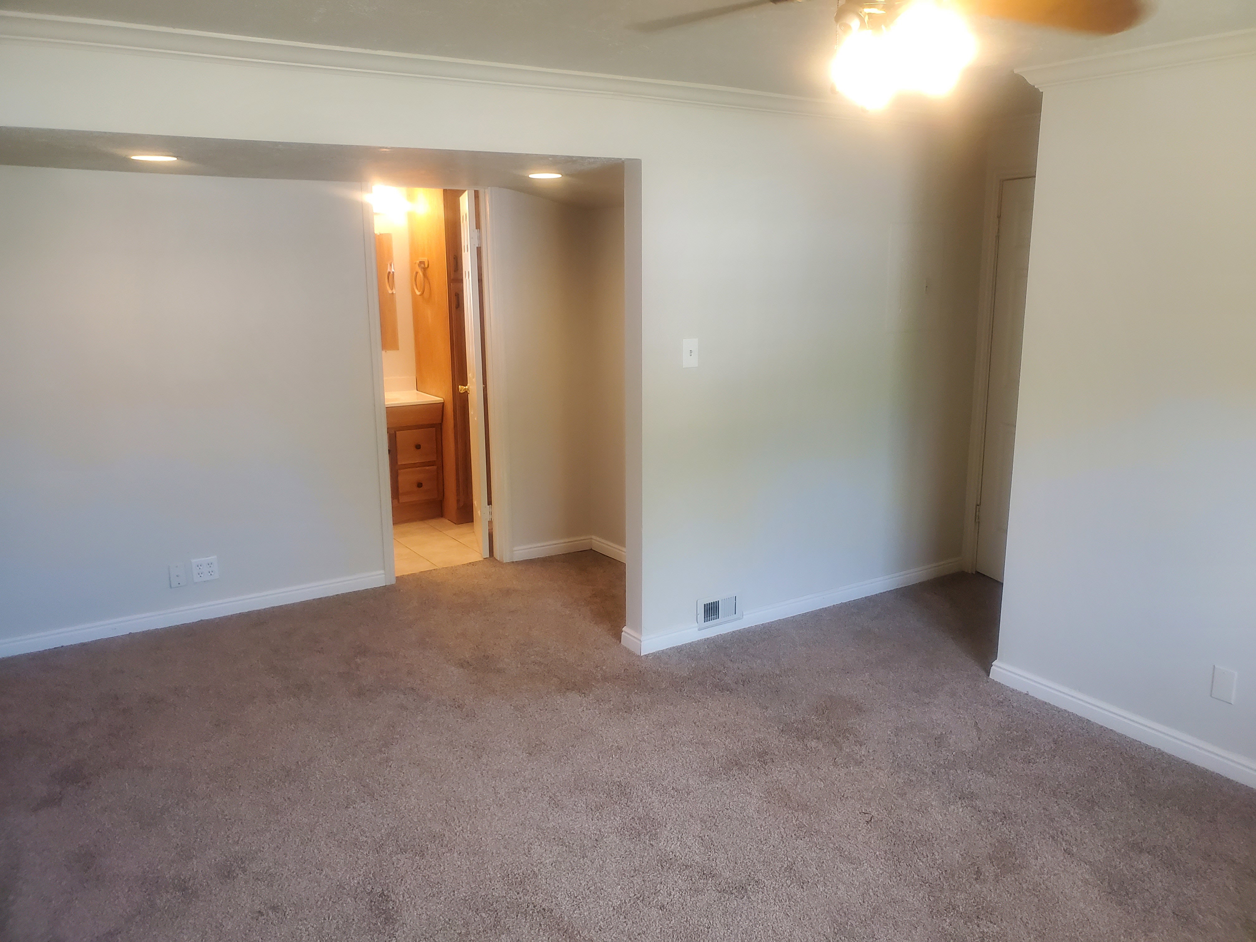 Carpeted interior space with crown molding and light-colored walls