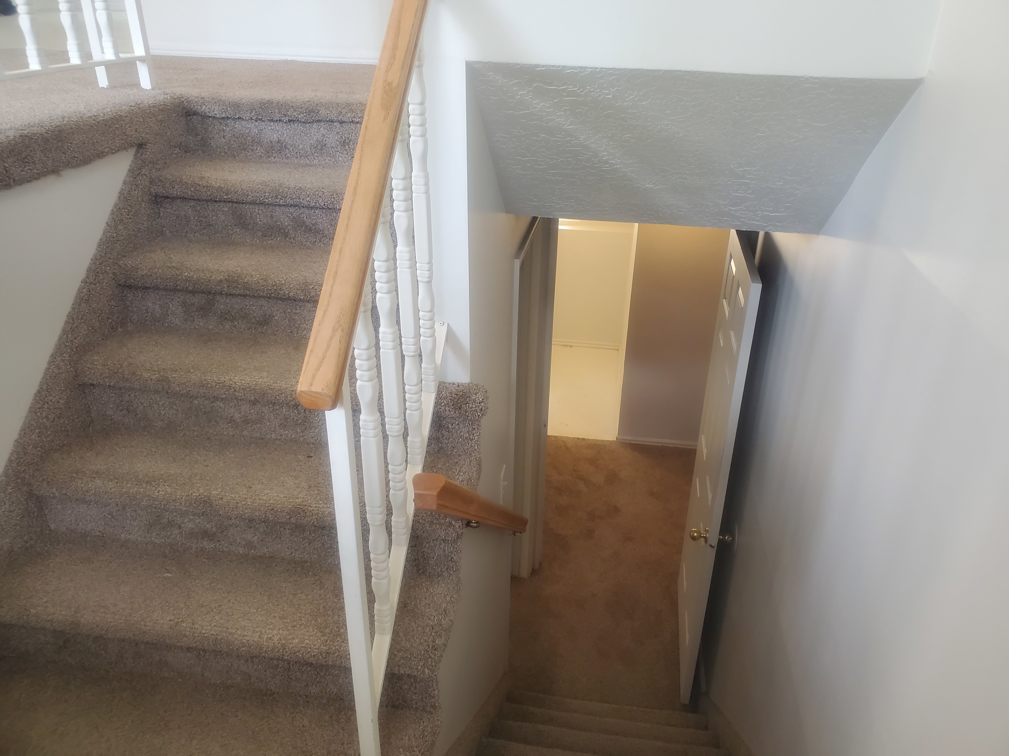 Carpeted staircase featuring a light wood-finish handrail and white balusters