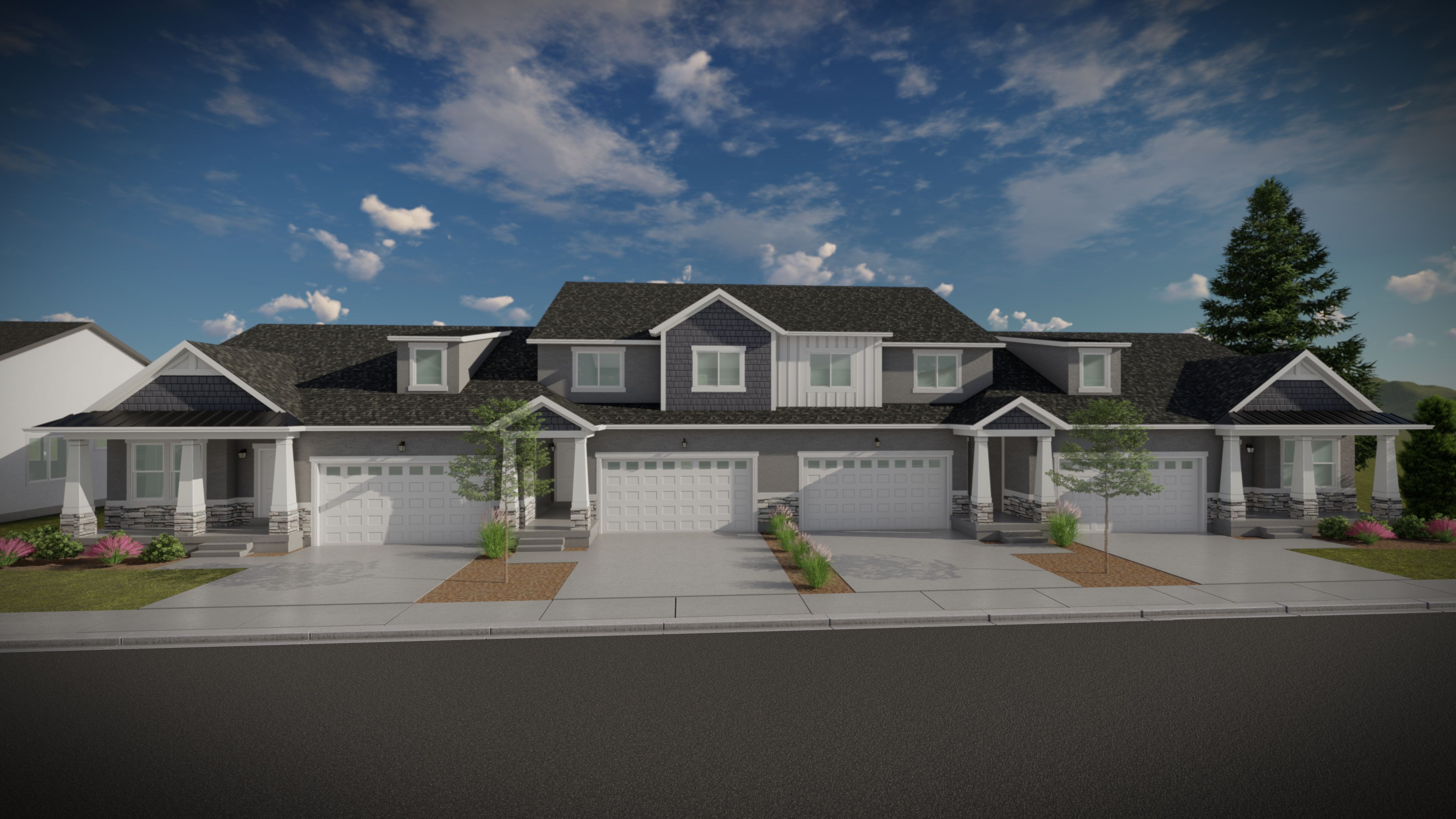Multi-unit residential structure featuring a gray exterior with white trim, covered front porches, attached garages, and dormer windows