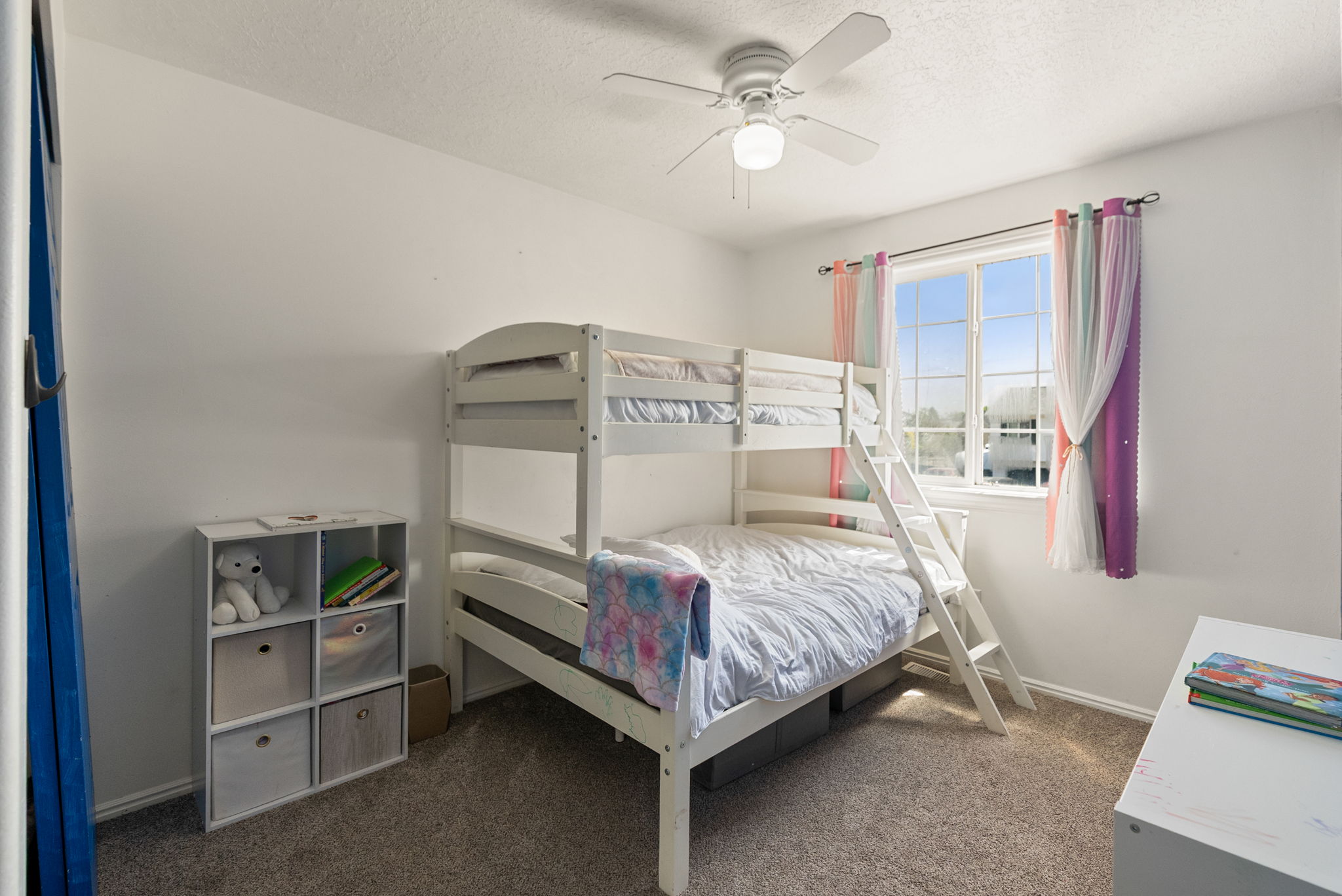 Bright room featuring a multi-pane window, ceiling fan with integrated lighting, and neutral carpeting