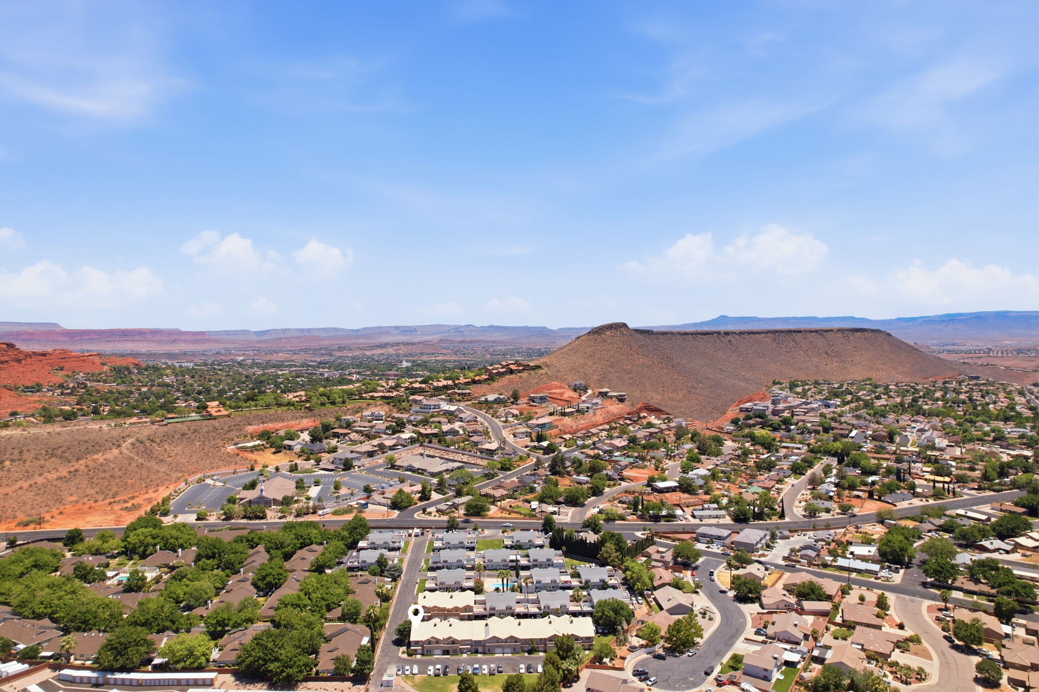 Aerial perspective showcasing a residential community with varied architectural styles