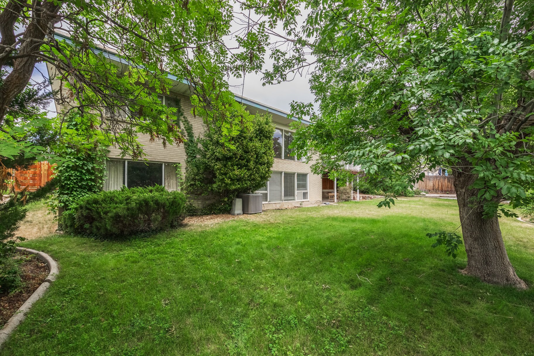 Expansive rear yard featuring a manicured lawn, mature shade trees, and established perimeter shrubbery