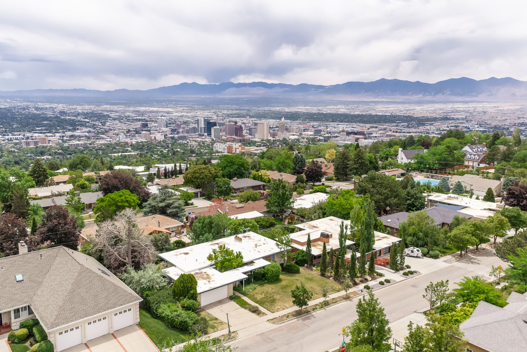 Elevated residential neighborhood featuring diverse architectural styles and mature landscaping