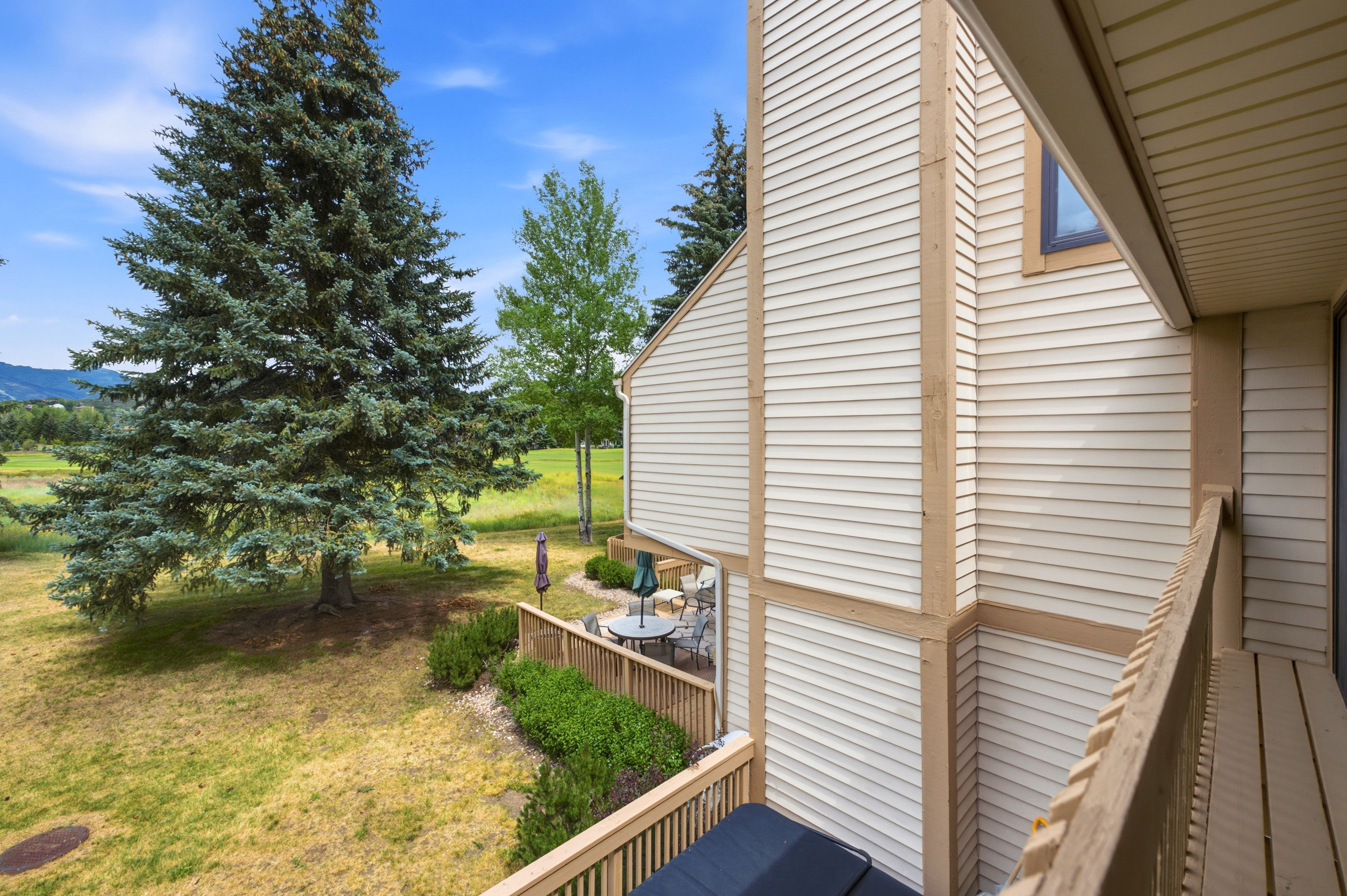 Exterior featuring horizontal siding with contrasting trim, a private deck, a lower patio space, mature evergreen landscaping, and an expansive grassy area