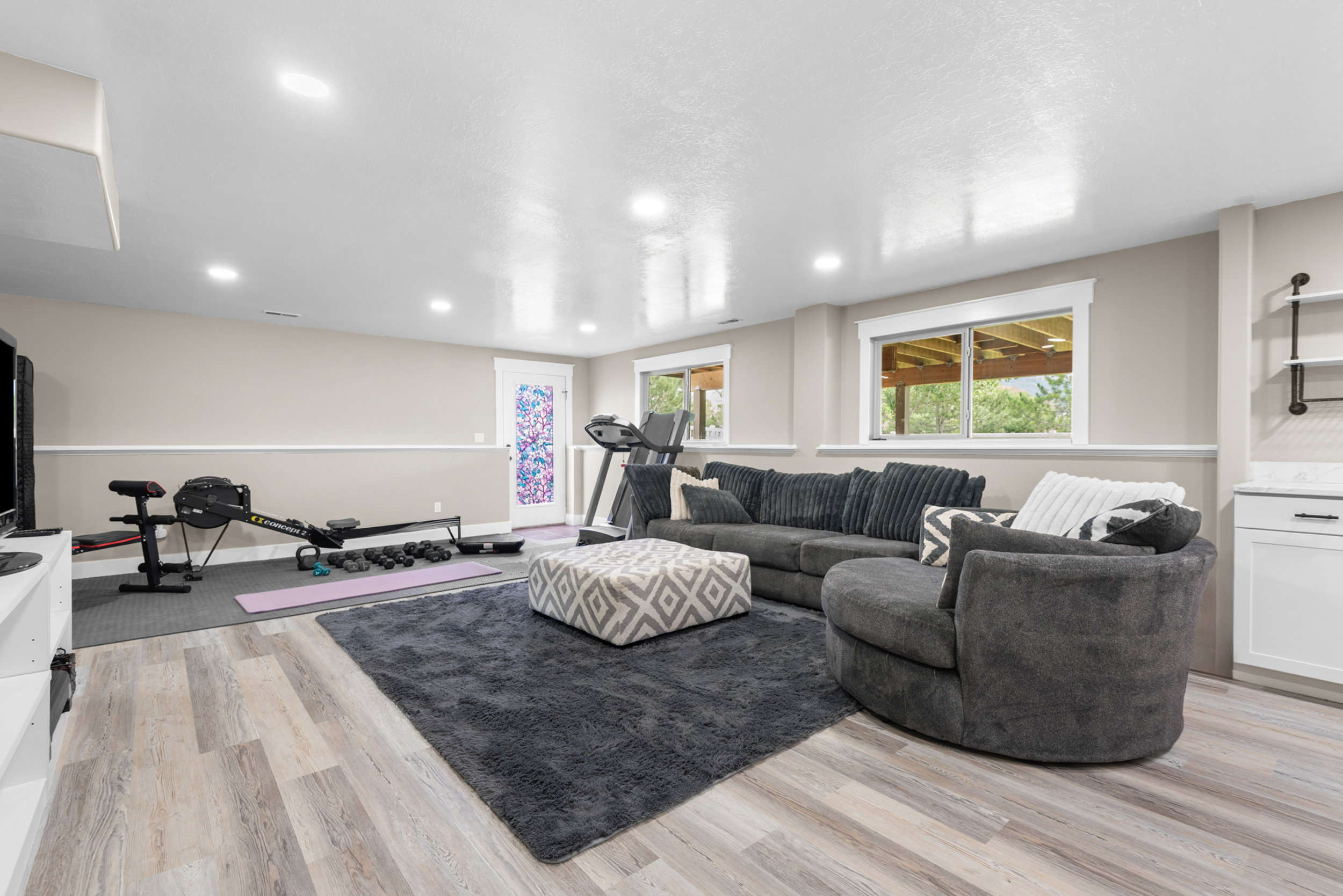 Basement family room with walkout to backyard