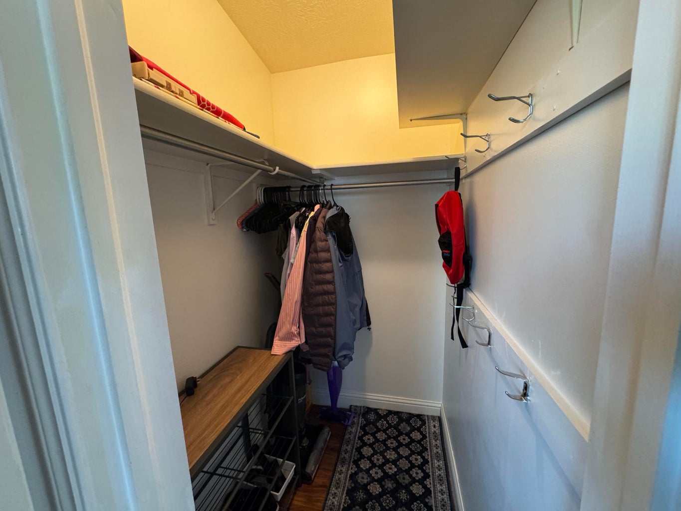 Walk-in closet featuring white painted walls and trim, wood-finish flooring, and built-in shelving with hanging rods