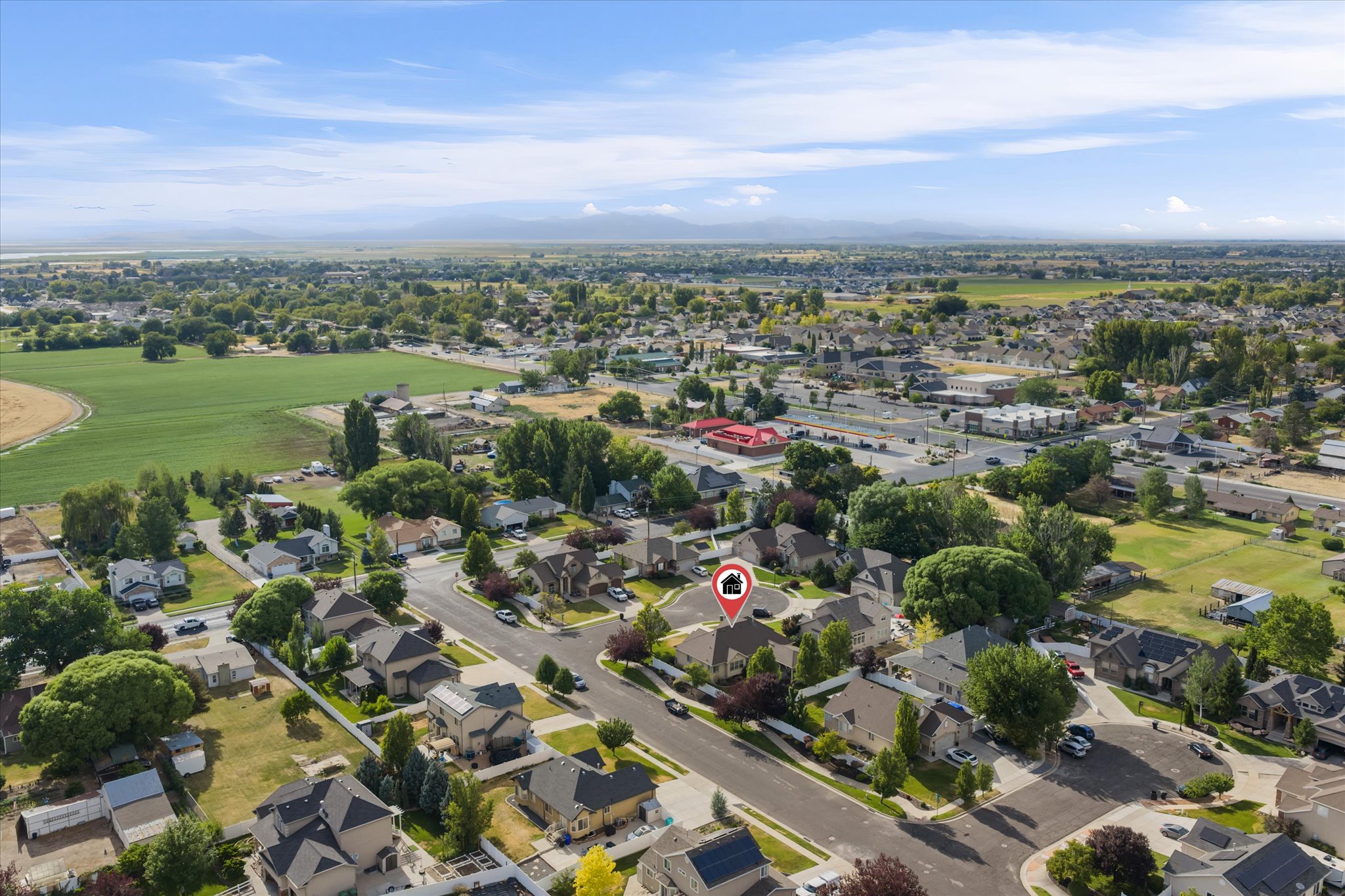 Aerial perspective showcasing a residential neighborhood with varied architectural styles