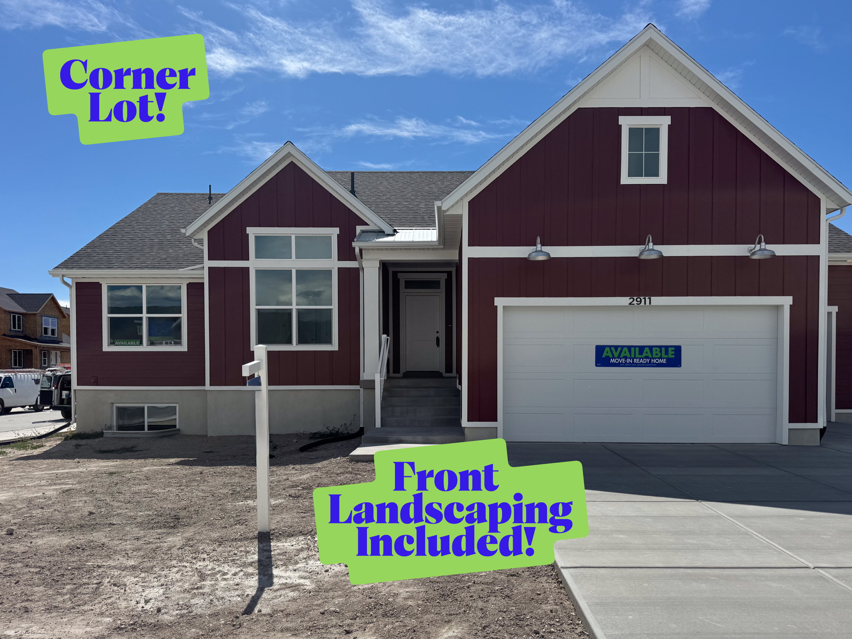 Modern exterior with deep red vertical siding and white trim accents
