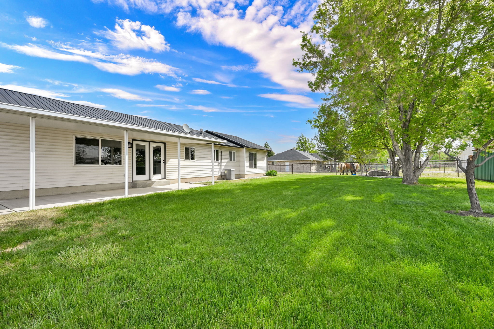 Expansive green lawn with mature trees and a fenced area