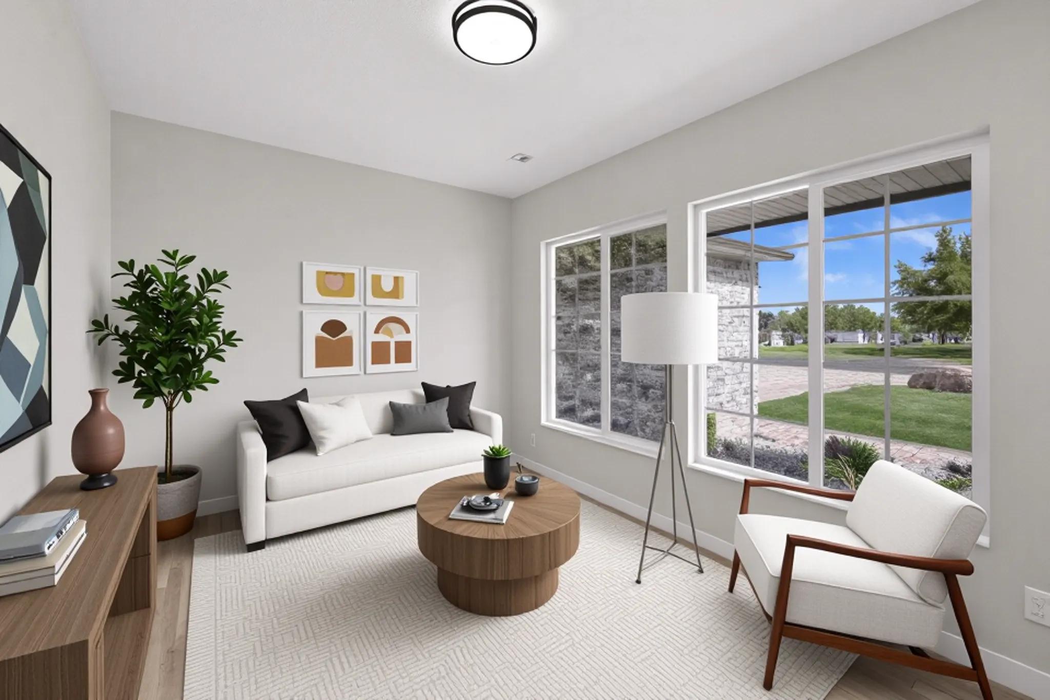 Light-filled living area featuring expansive windows, neutral wall tones, a contemporary flush-mount ceiling light, and light-toned patterned carpeting