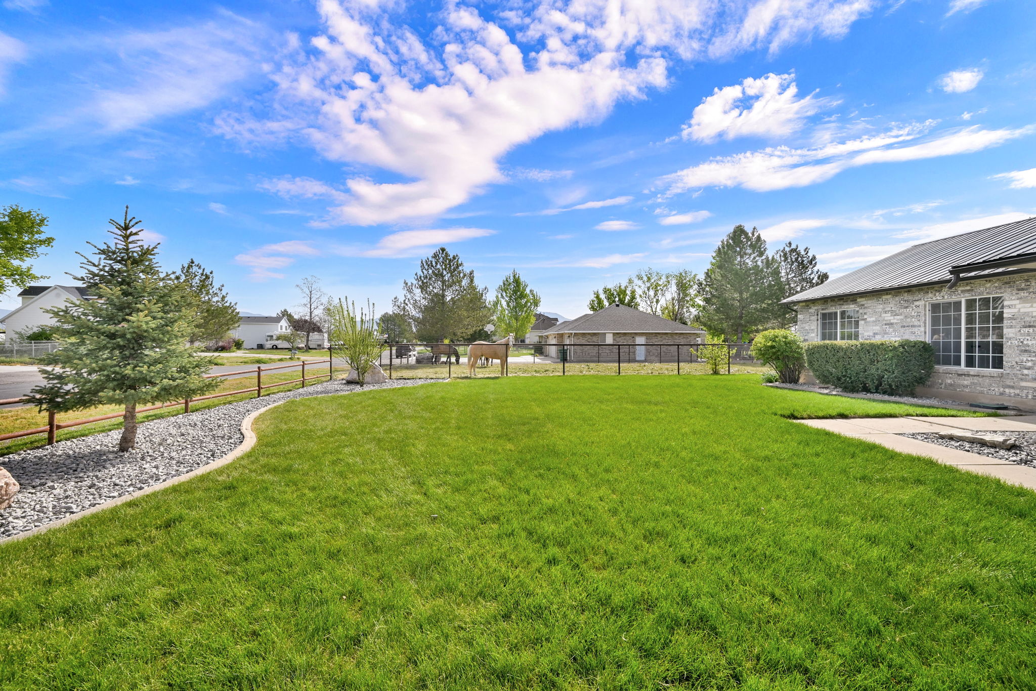 Expansive green lawn with a curved rock bed border and mature evergreen plantings