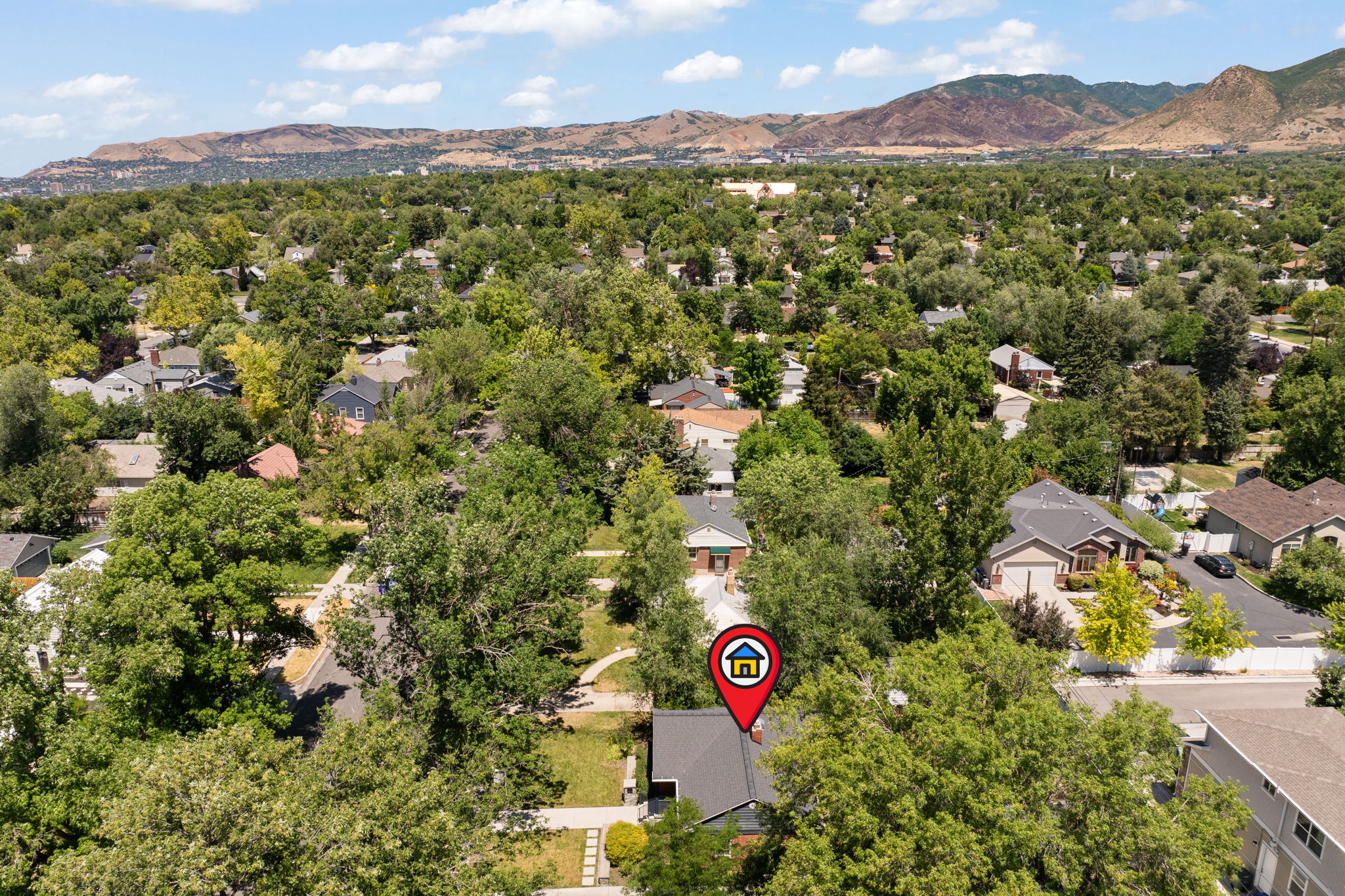 Aerial perspective showcasing a residential neighborhood with mature trees