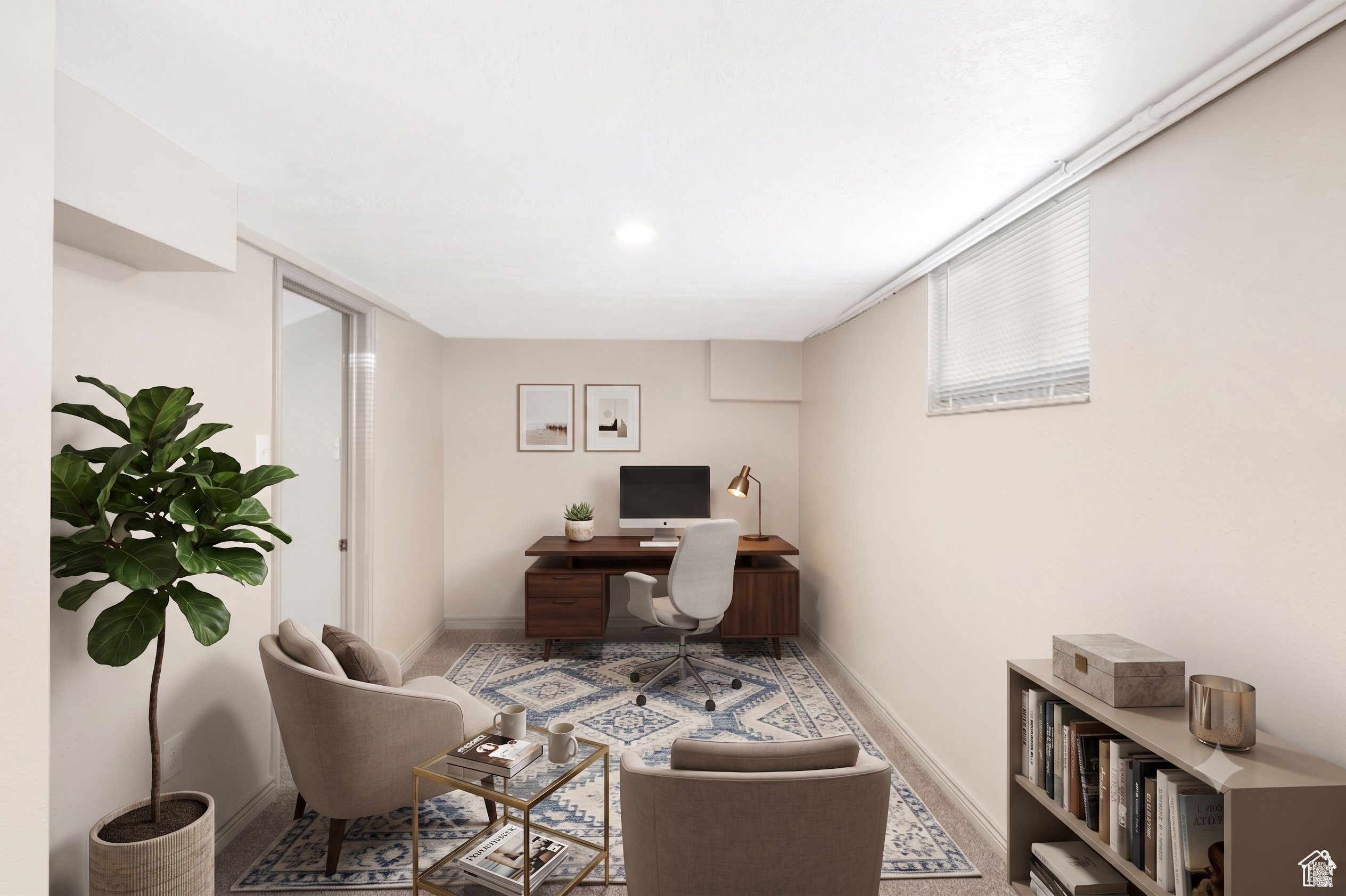 Versatile room featuring light-toned walls, recessed lighting, and a window with horizontal blinds