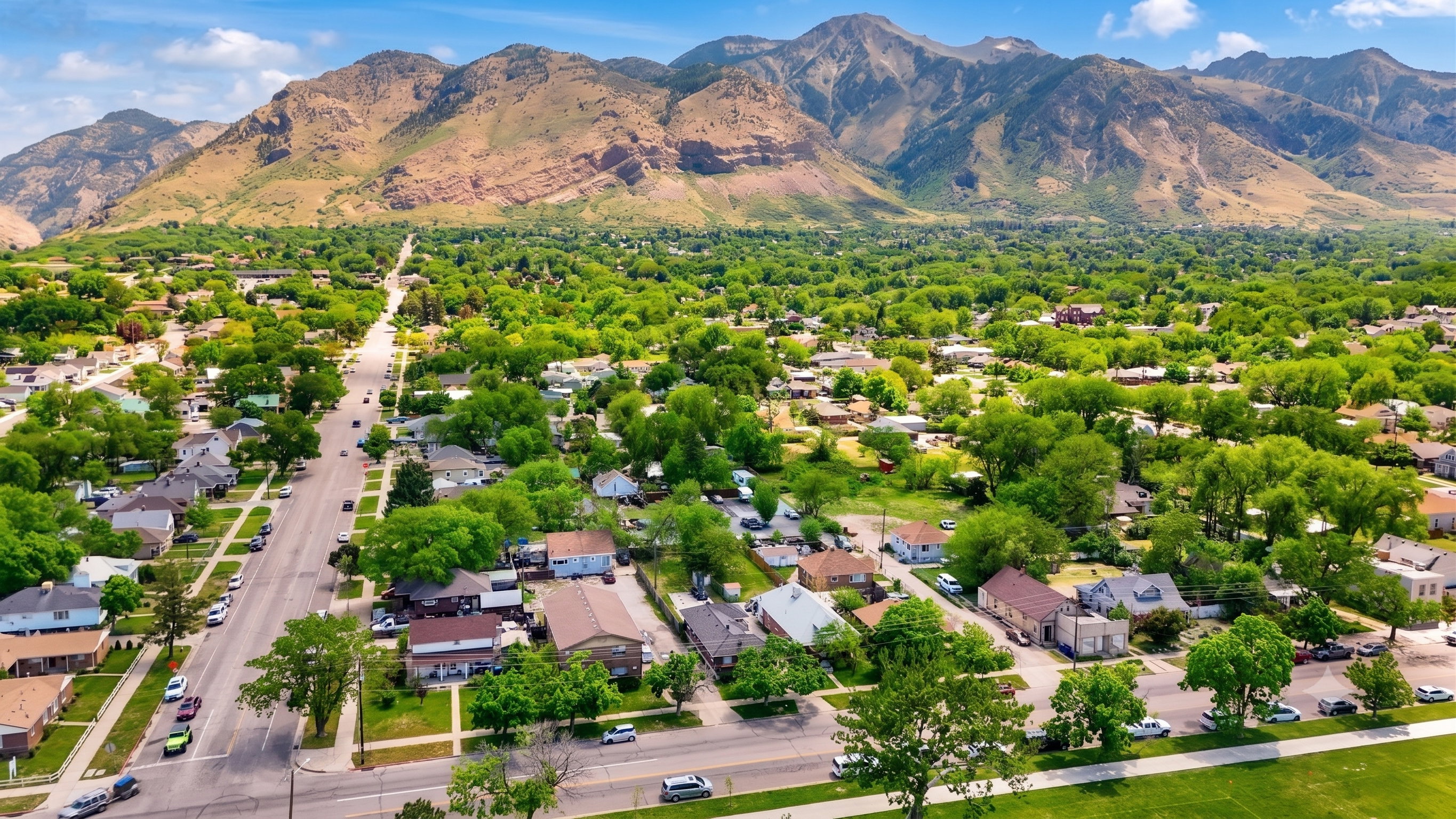 Expansive community featuring residential properties, mature trees, and mountainous terrain