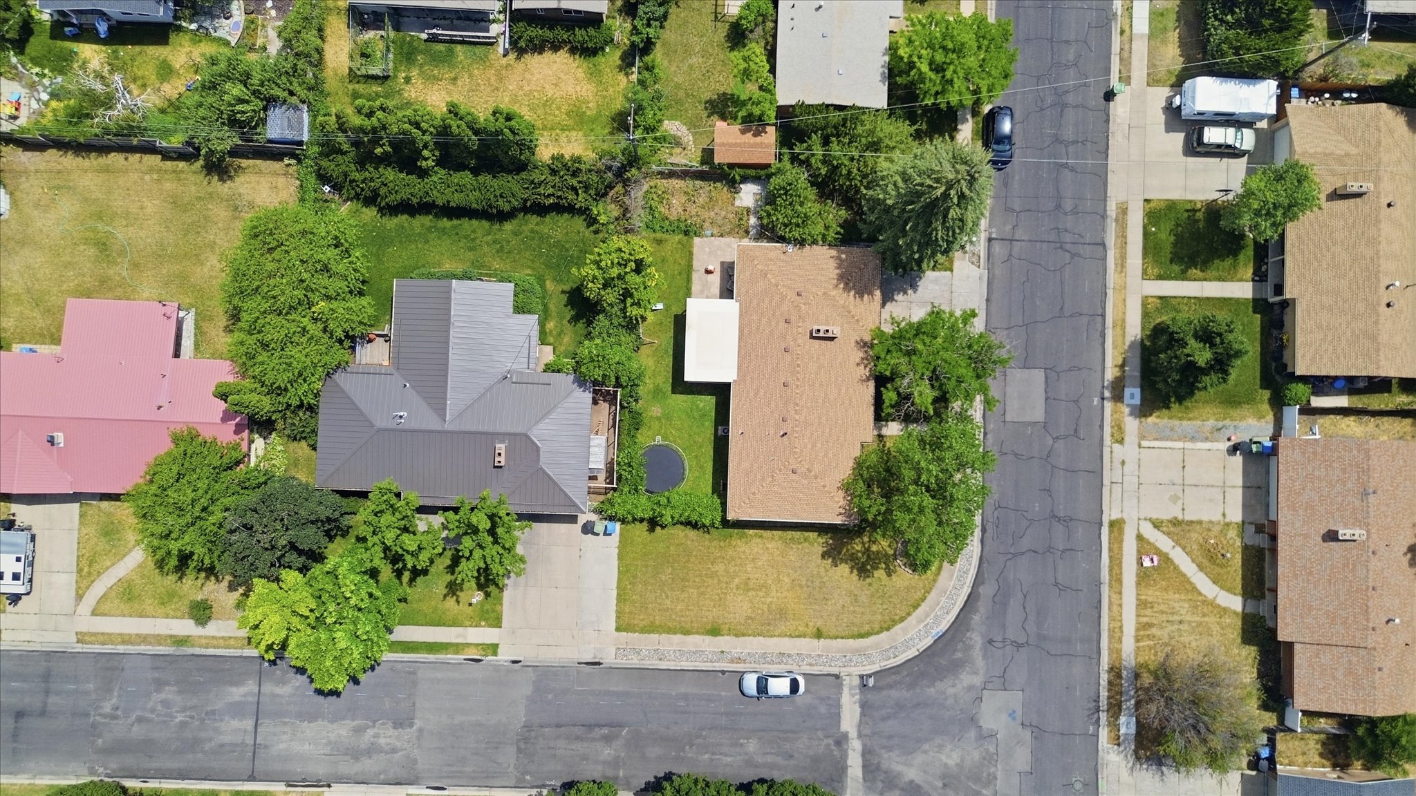 Residential property featuring a dark metal roof, a paved driveway, and mature landscaping