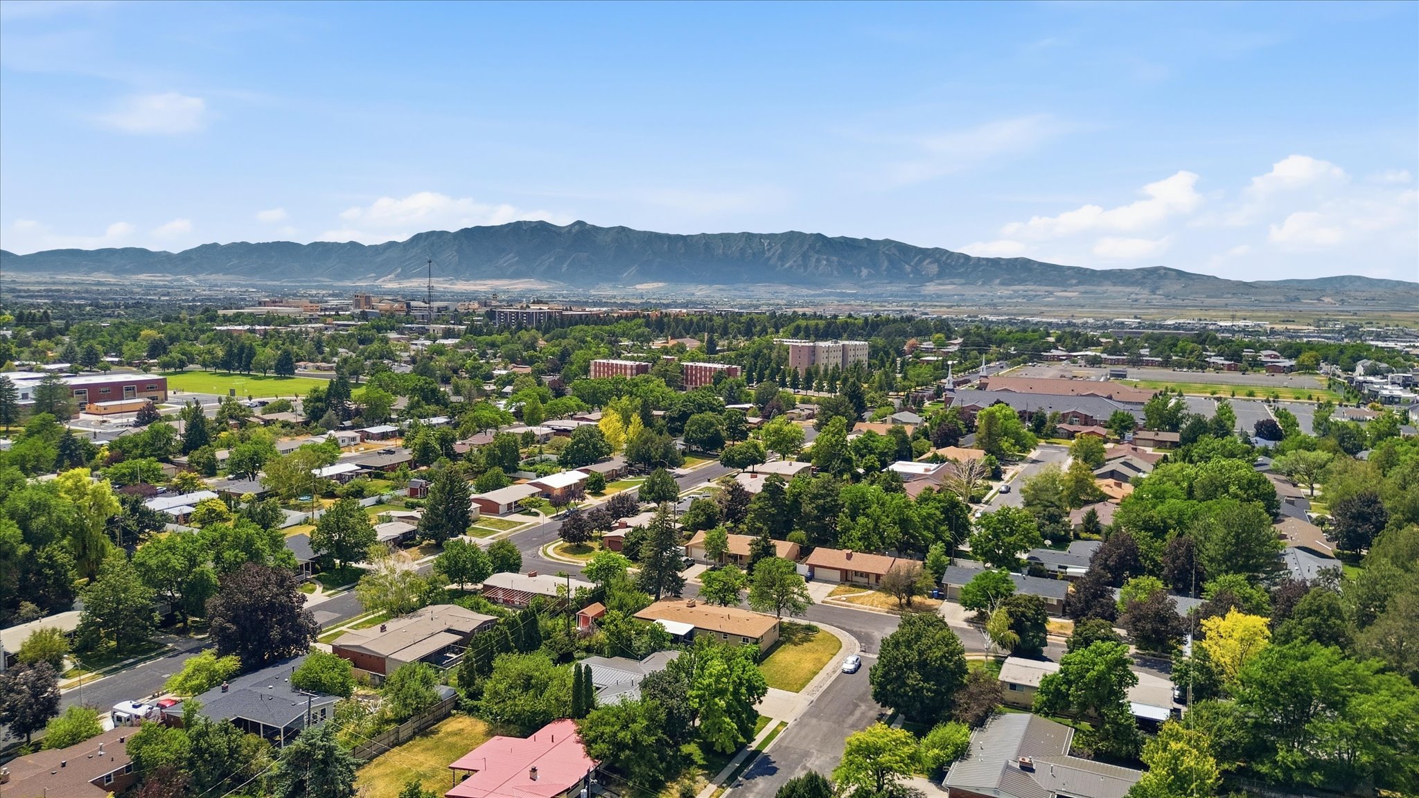 Expansive aerial perspective showcasing a residential area with mature tree coverage