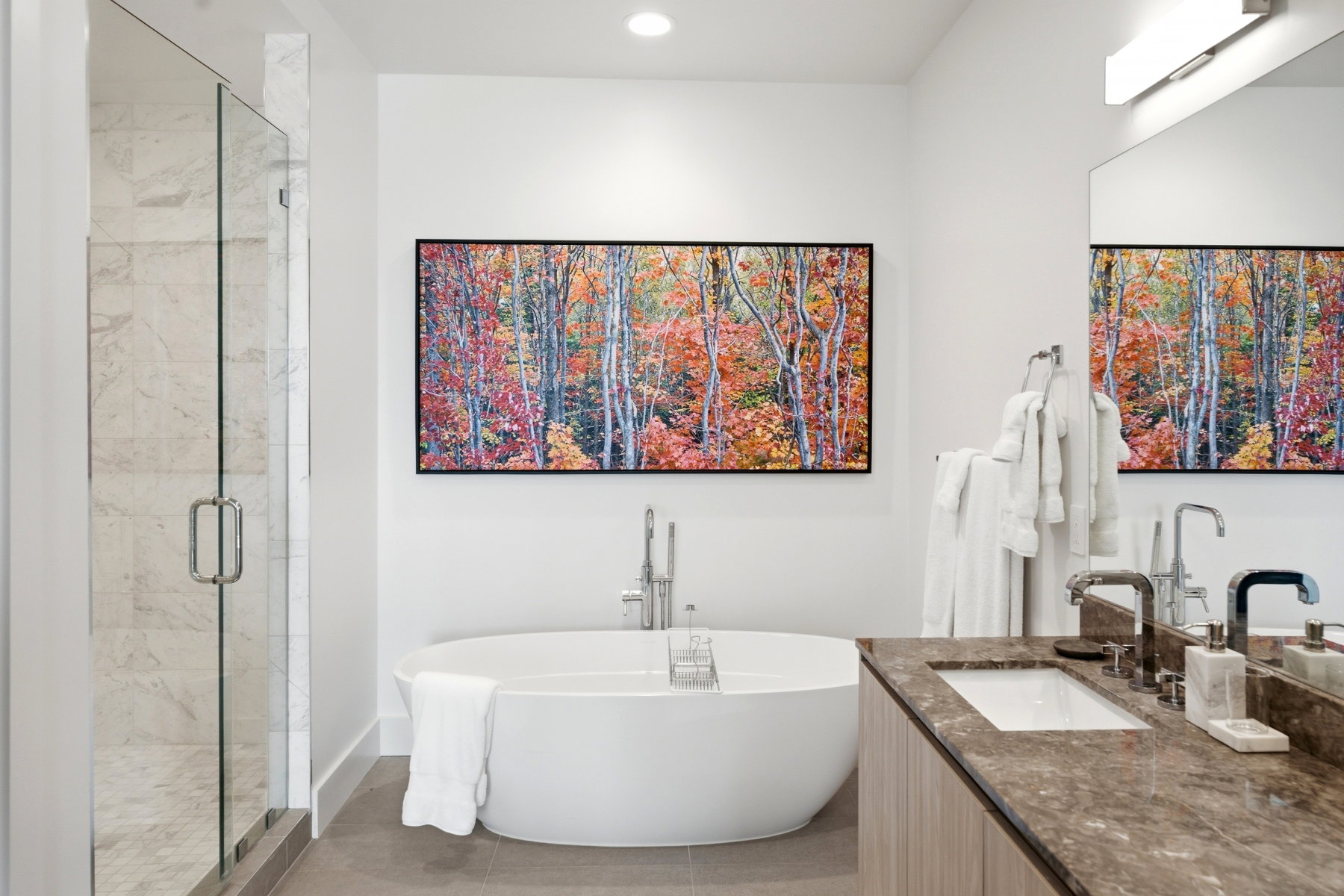Sleek bathroom featuring a freestanding soaking tub, frameless glass shower enclosure with tiled walls, and a dual-sink vanity with a stone countertop and integrated sink