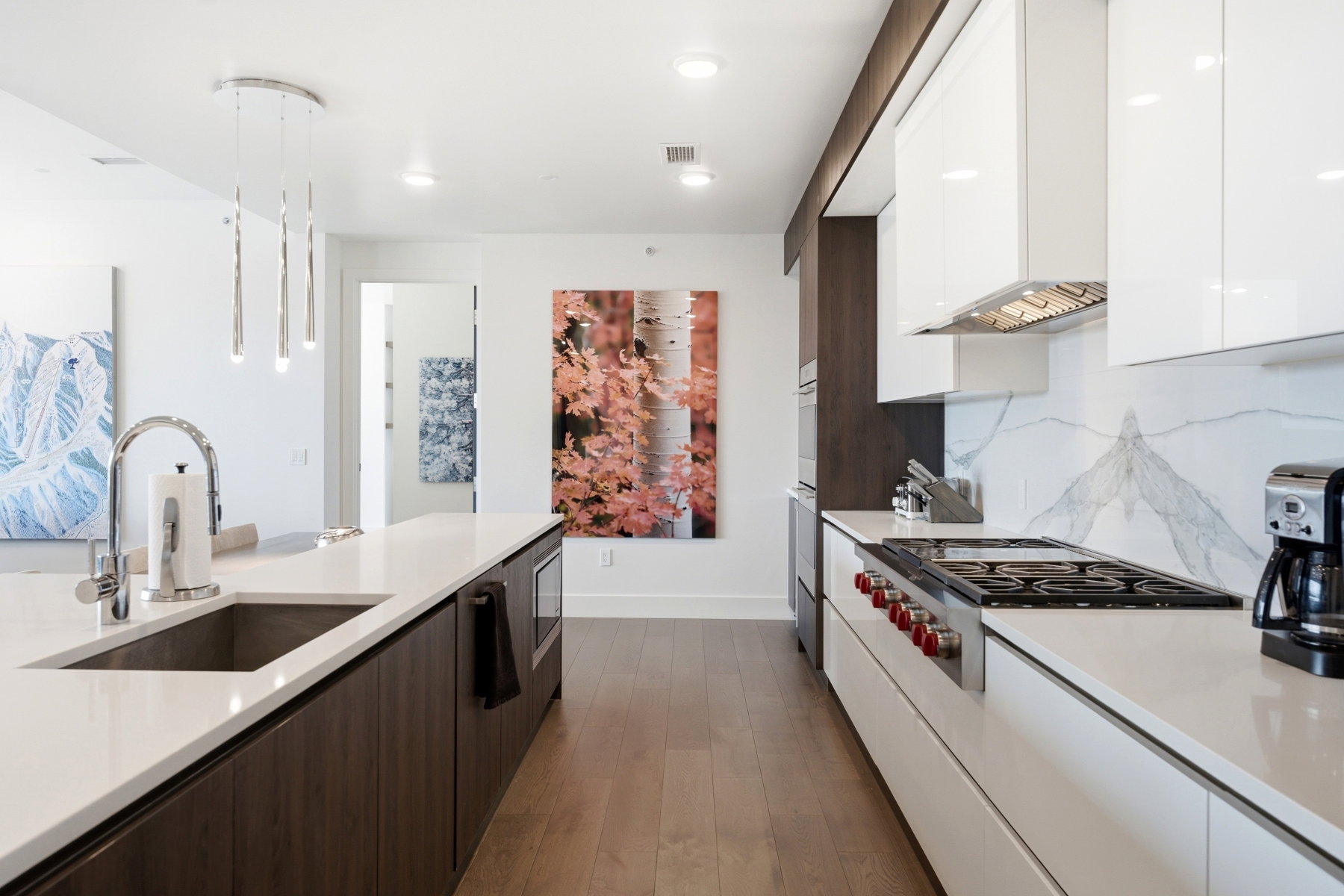 Gourmet kitchen featuring a gas range, integrated microwave, wood-finish flooring, white countertops, and a stone backsplash