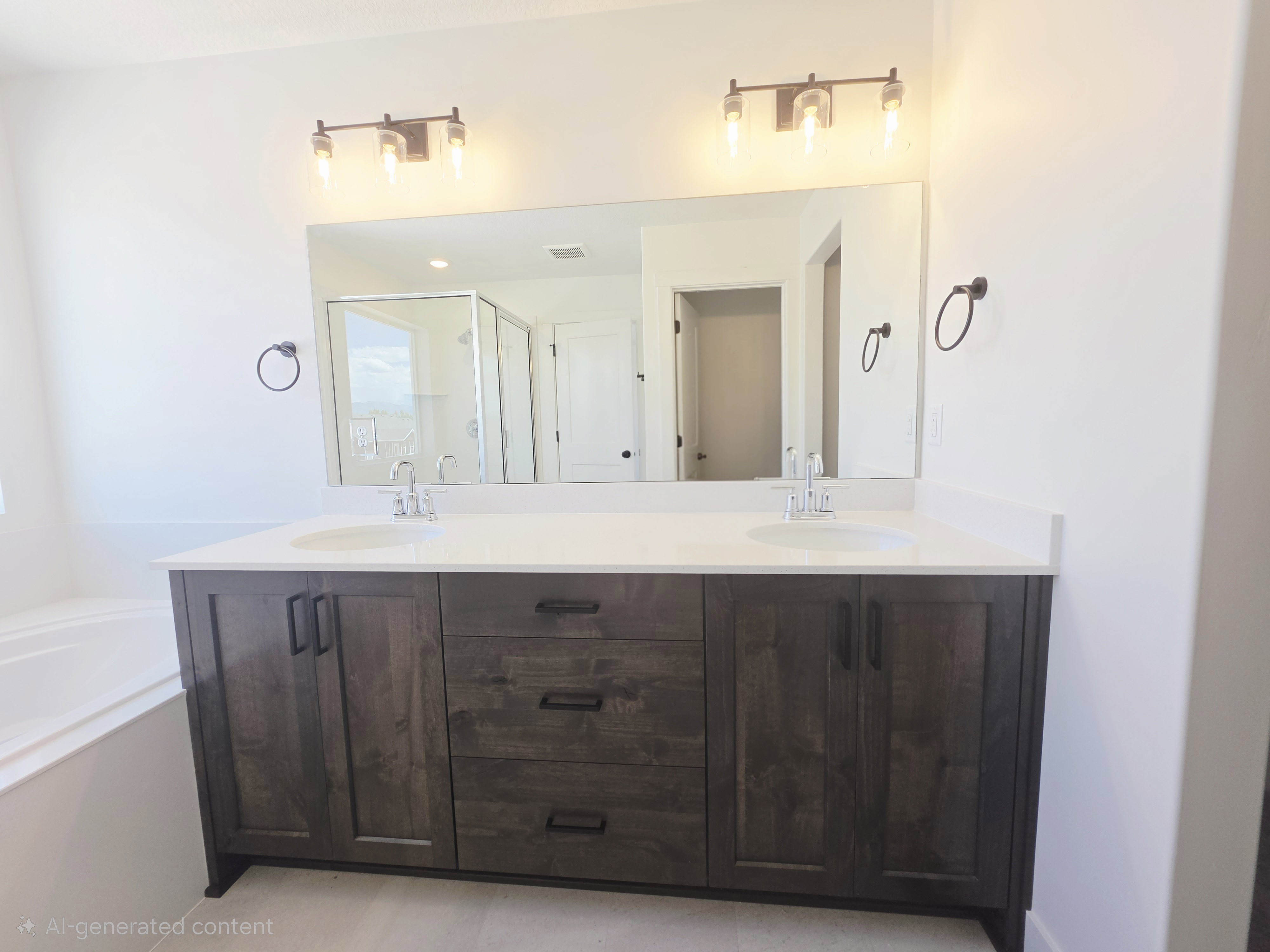 Double vanity with dark wood-finish cabinetry, white countertops, and dual undermount sinks