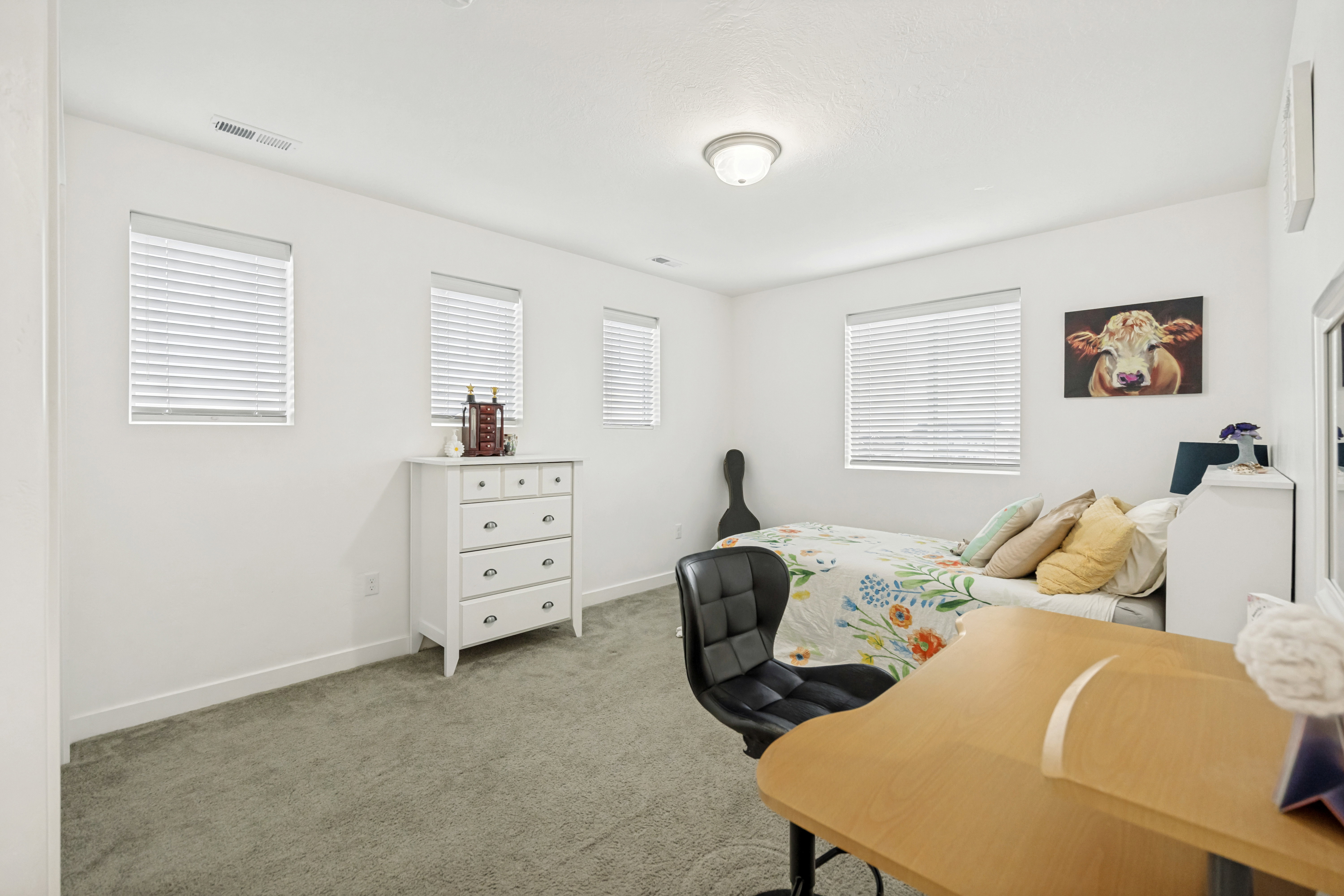 Room featuring neutral-toned carpeting, multiple windows with white blinds, and a flush-mount ceiling light