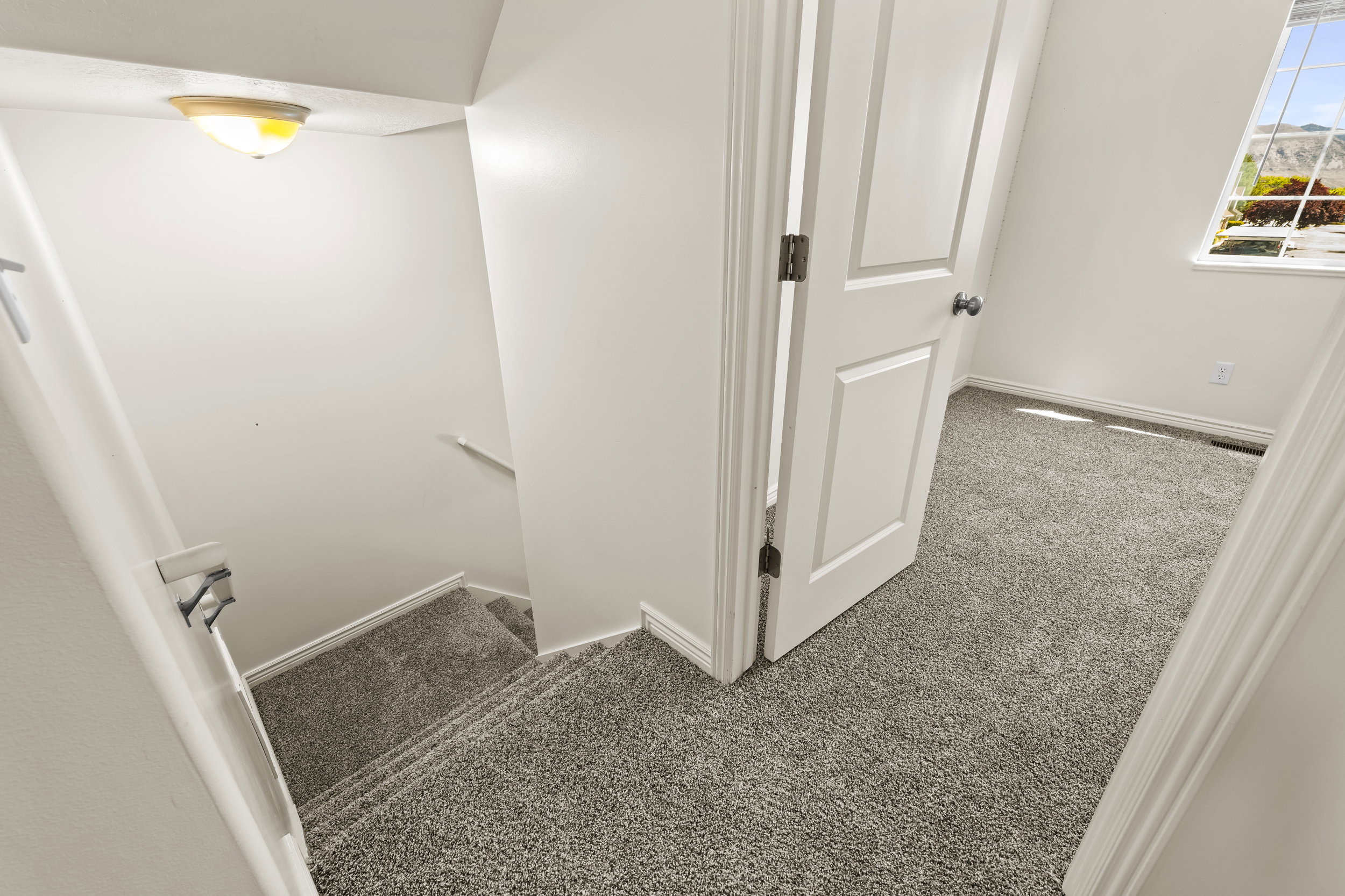 Carpeted staircase with white handrails and a flush-mount ceiling light fixture