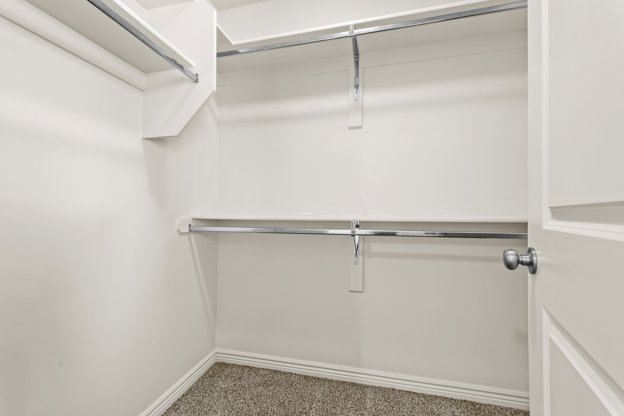 Walk-in closet featuring built-in shelving, chrome hanging rods, neutral carpeting, and a bright white paint finish