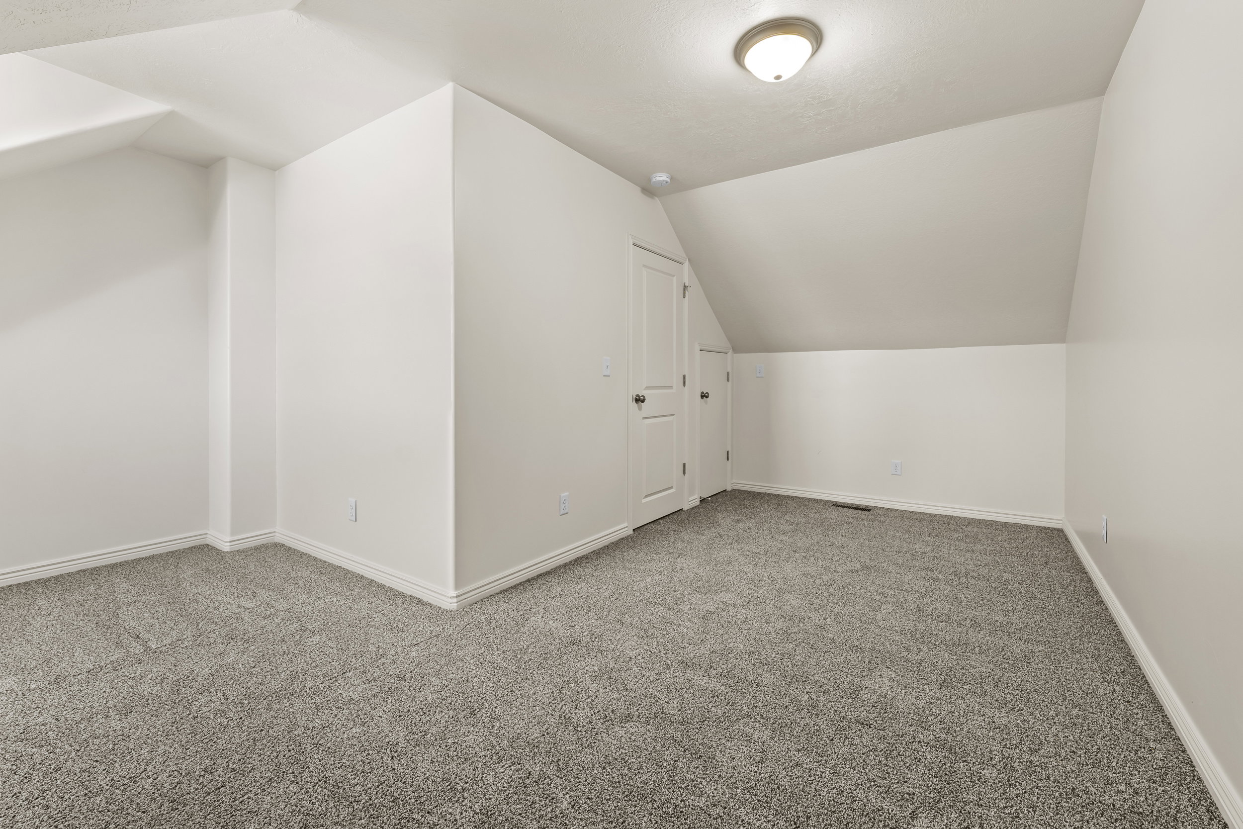 Spacious room featuring sloped ceilings, plush gray carpeting, white baseboards, and two white doors with dark hardware