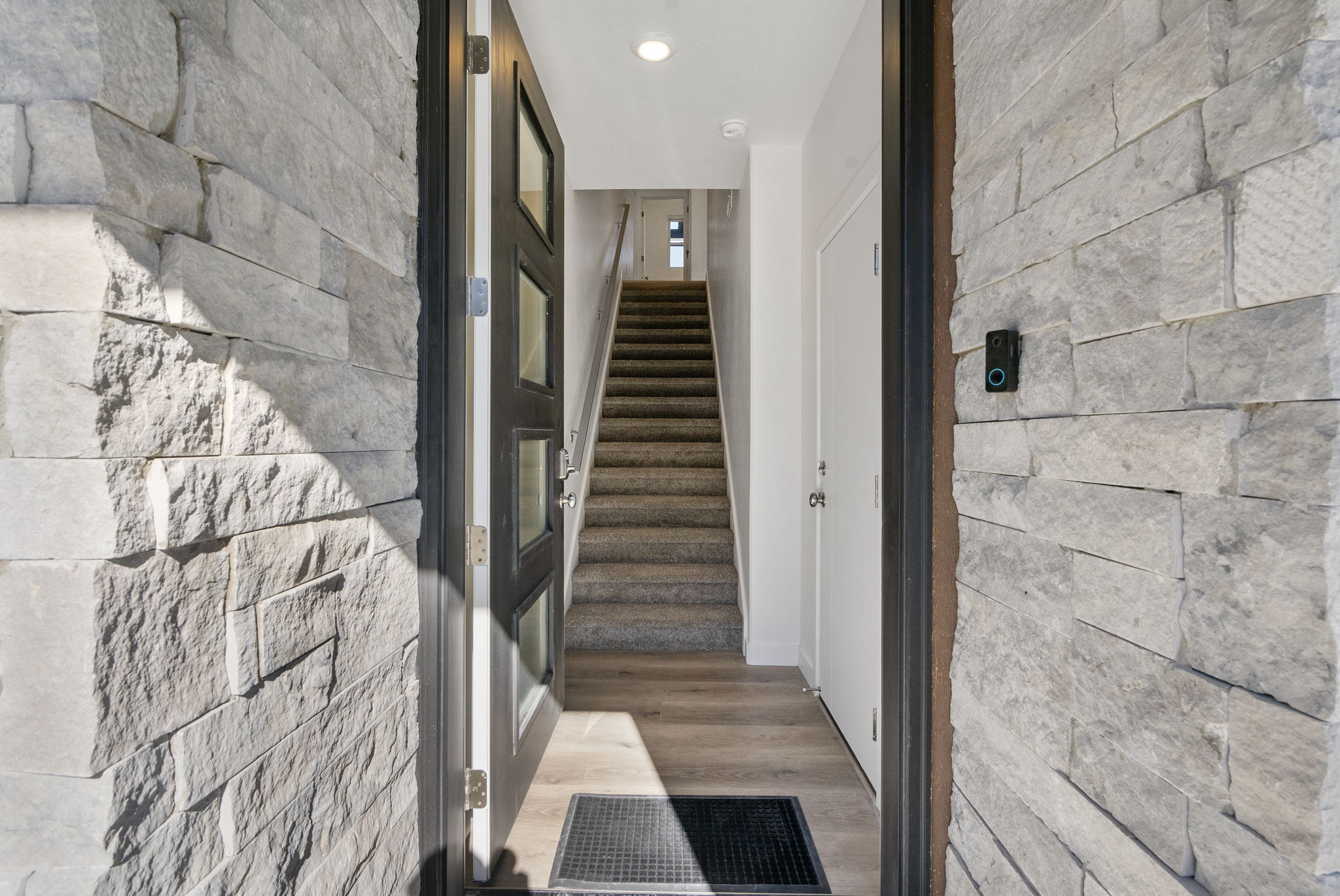 Entryway featuring stacked stone wall details, a contemporary front door with multiple glass panes, wood-finish flooring, and carpeted stairs
