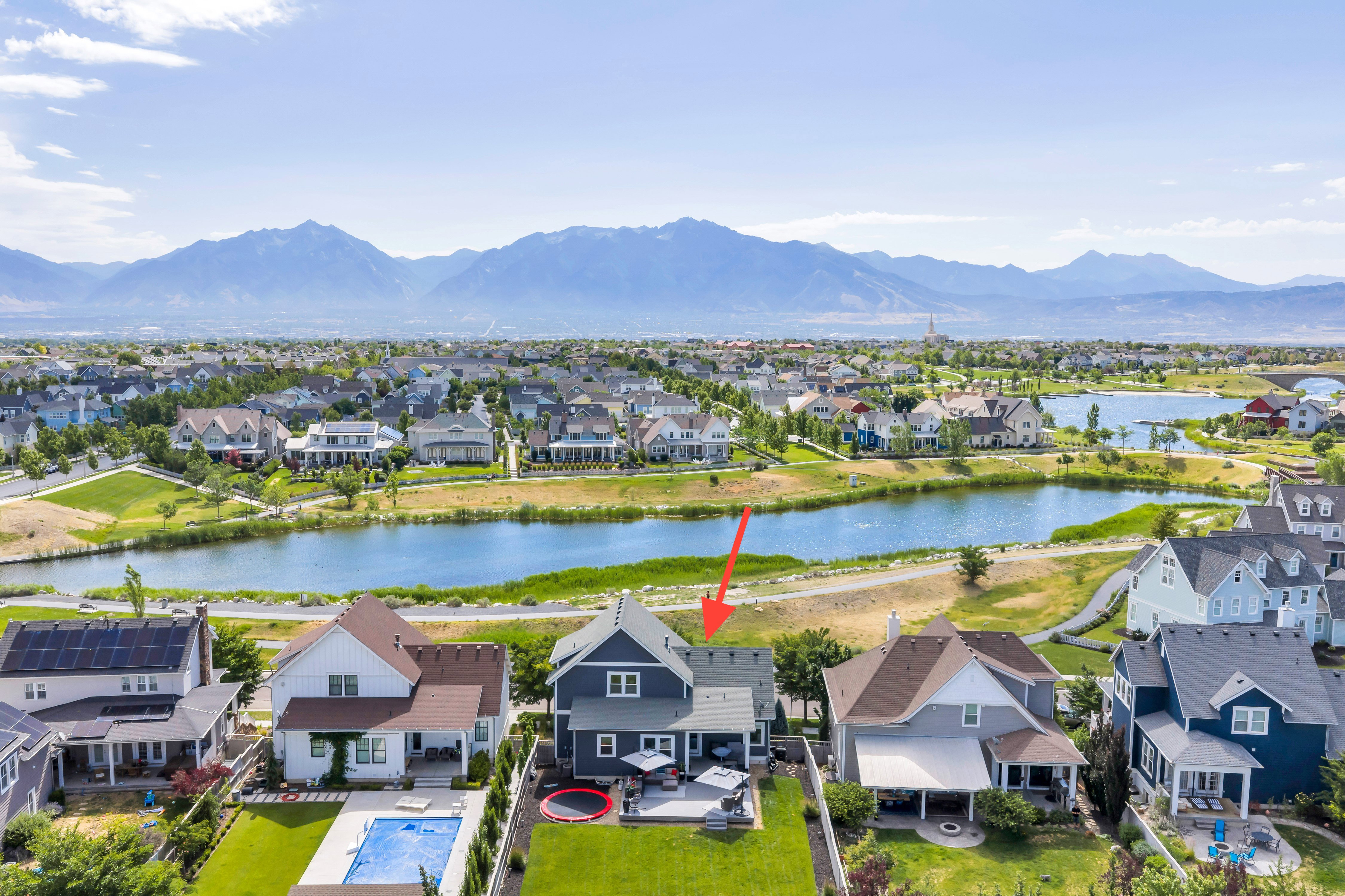Aerial perspective showcasing a residential community with varied architectural styles