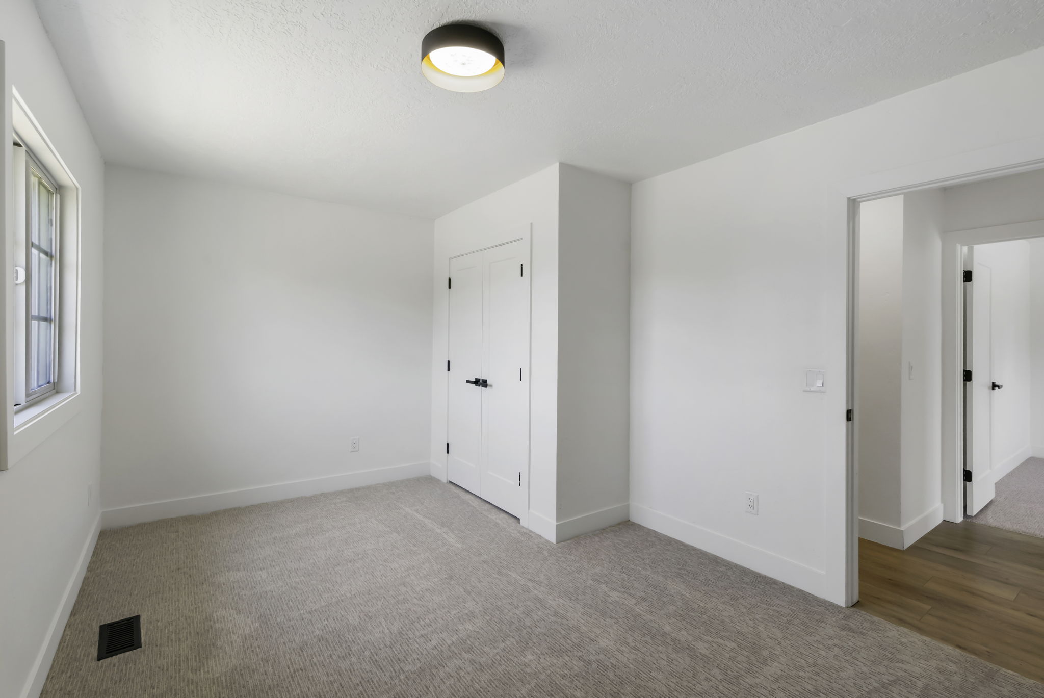 Carpeted room featuring a window with paneled glass, a flush-mount ceiling light fixture, and two white panel doors with black hardware