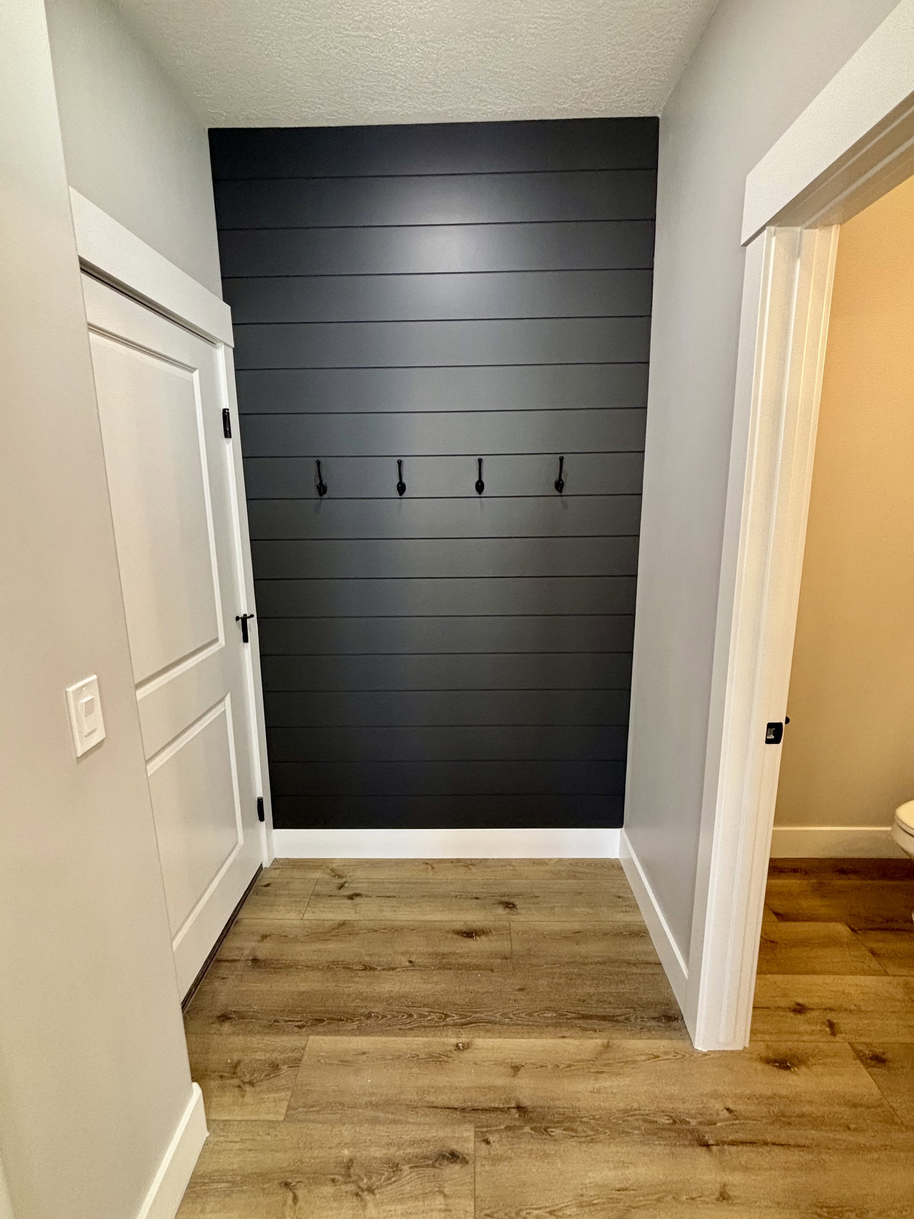 Accent wall featuring horizontal paneling and four black hooks