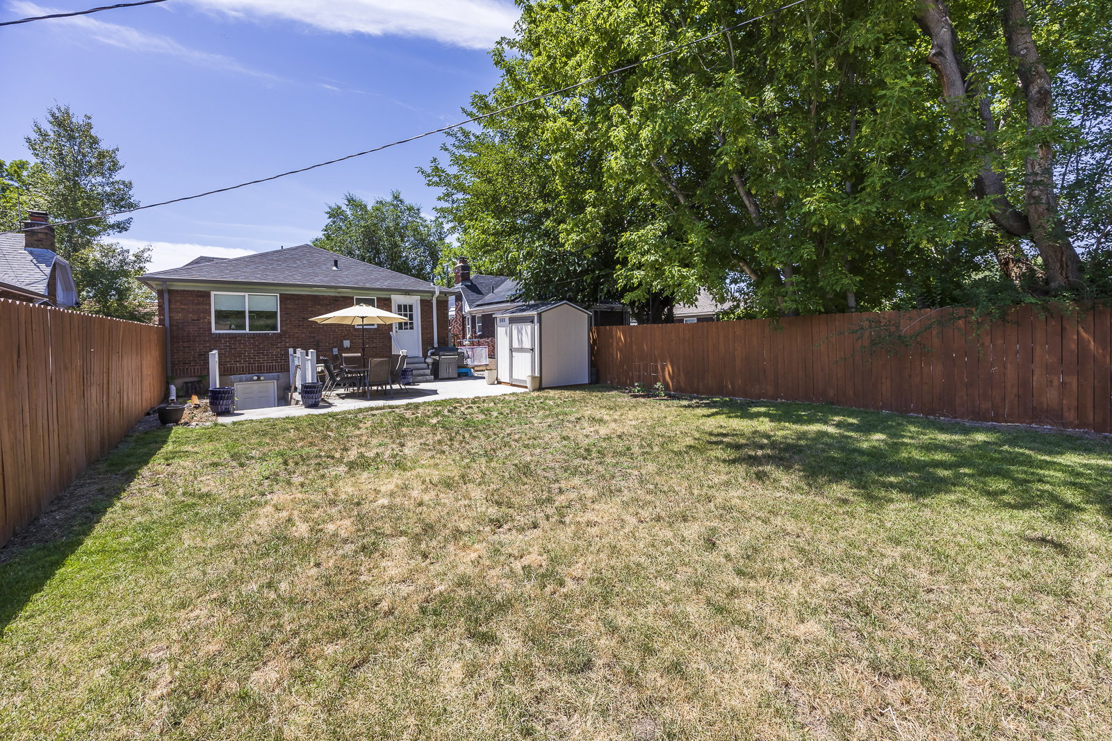 Expansive backyard featuring a large grass area, wood privacy fencing, and mature trees providing natural shade