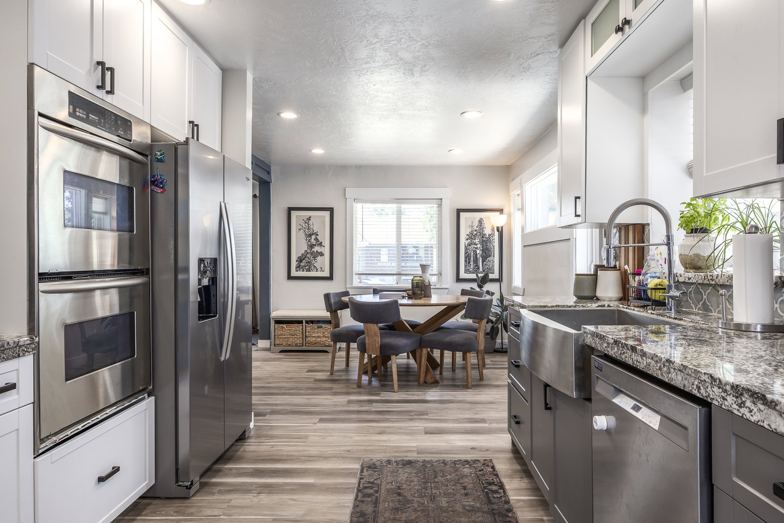 Kitchen featuring stainless steel appliances, granite countertops, a farmhouse sink, contemporary cabinetry, and wood-finish flooring