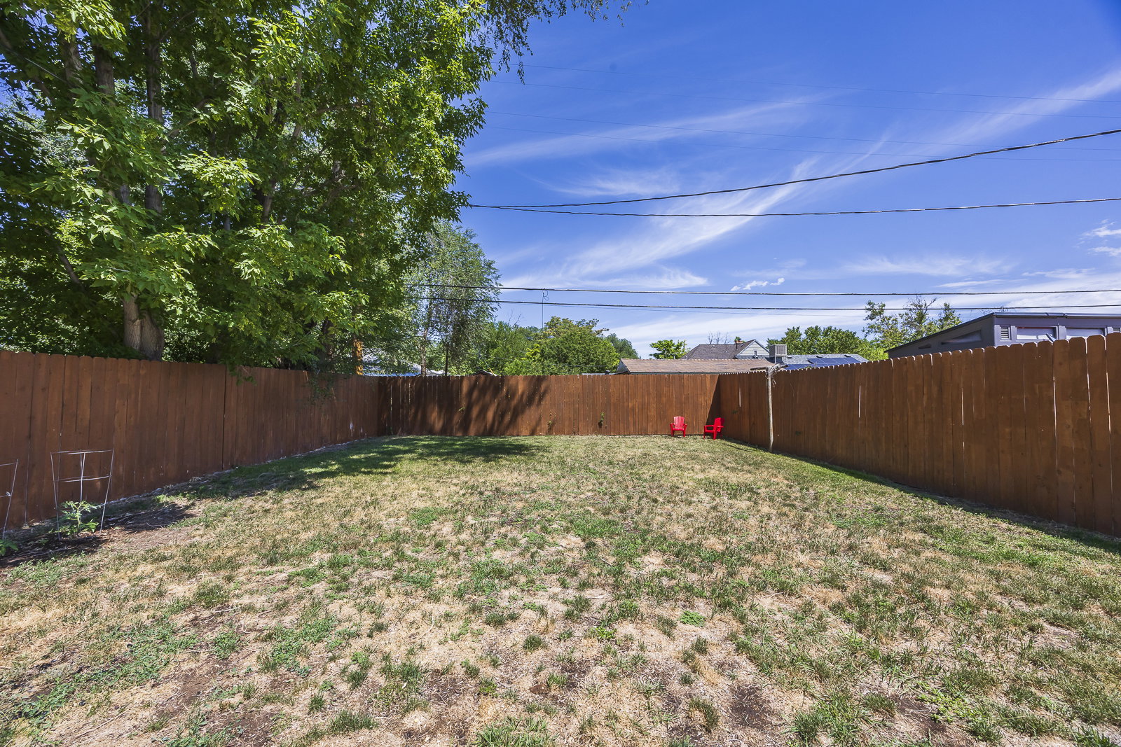 Expansive backyard with a full perimeter privacy fence and established trees