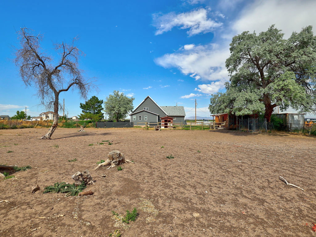 Expansive cleared lot featuring mature trees and a distant dwelling with a gabled roofline