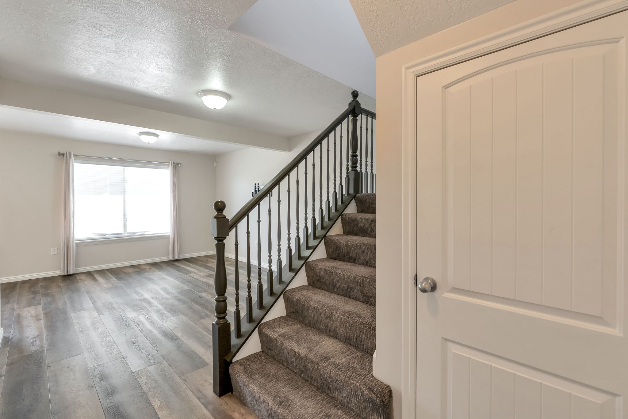 Entryway featuring a carpeted staircase with dark wood newel post and balusters, a paneled door, and wood-finish flooring extending into a spacious room with a large window