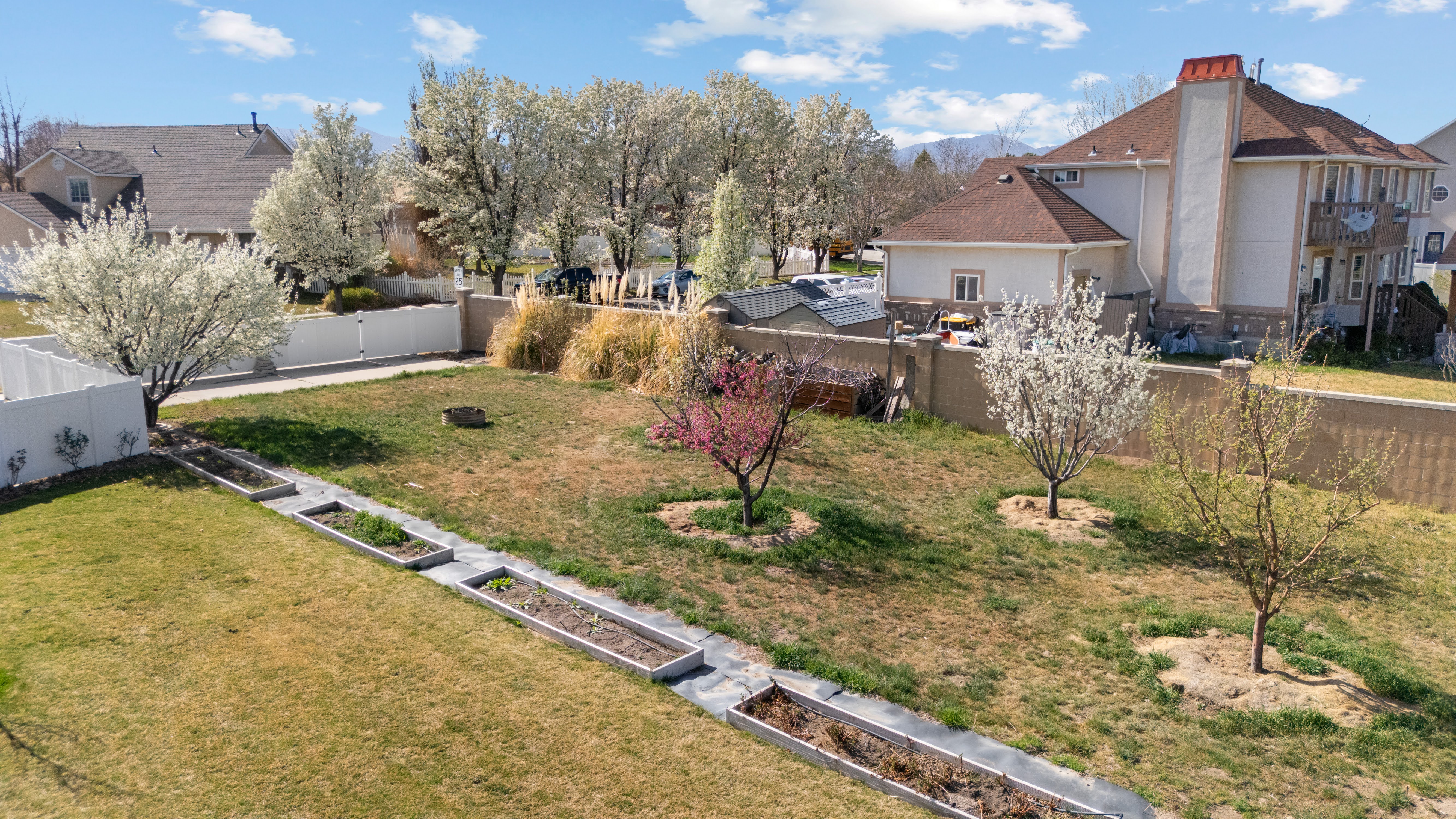 Expansive backyard featuring multiple flowering trees, a segmented garden bed, mature greenery, and a privacy fence