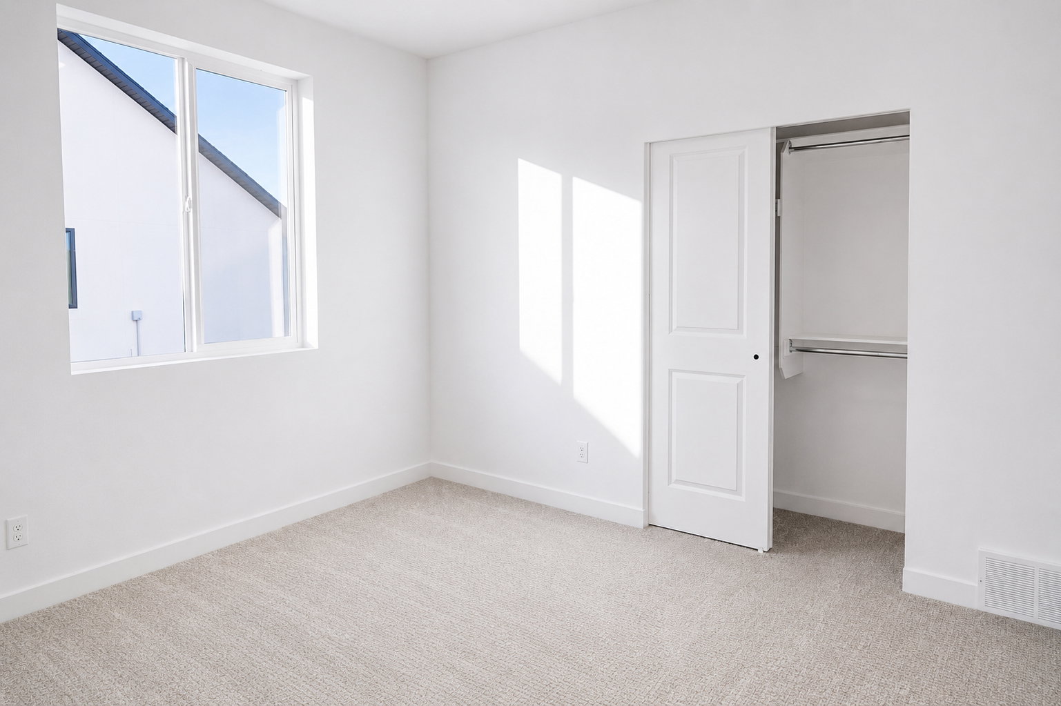 Main floor bedroom featuring a sliding closet with white doors and built-in shelving