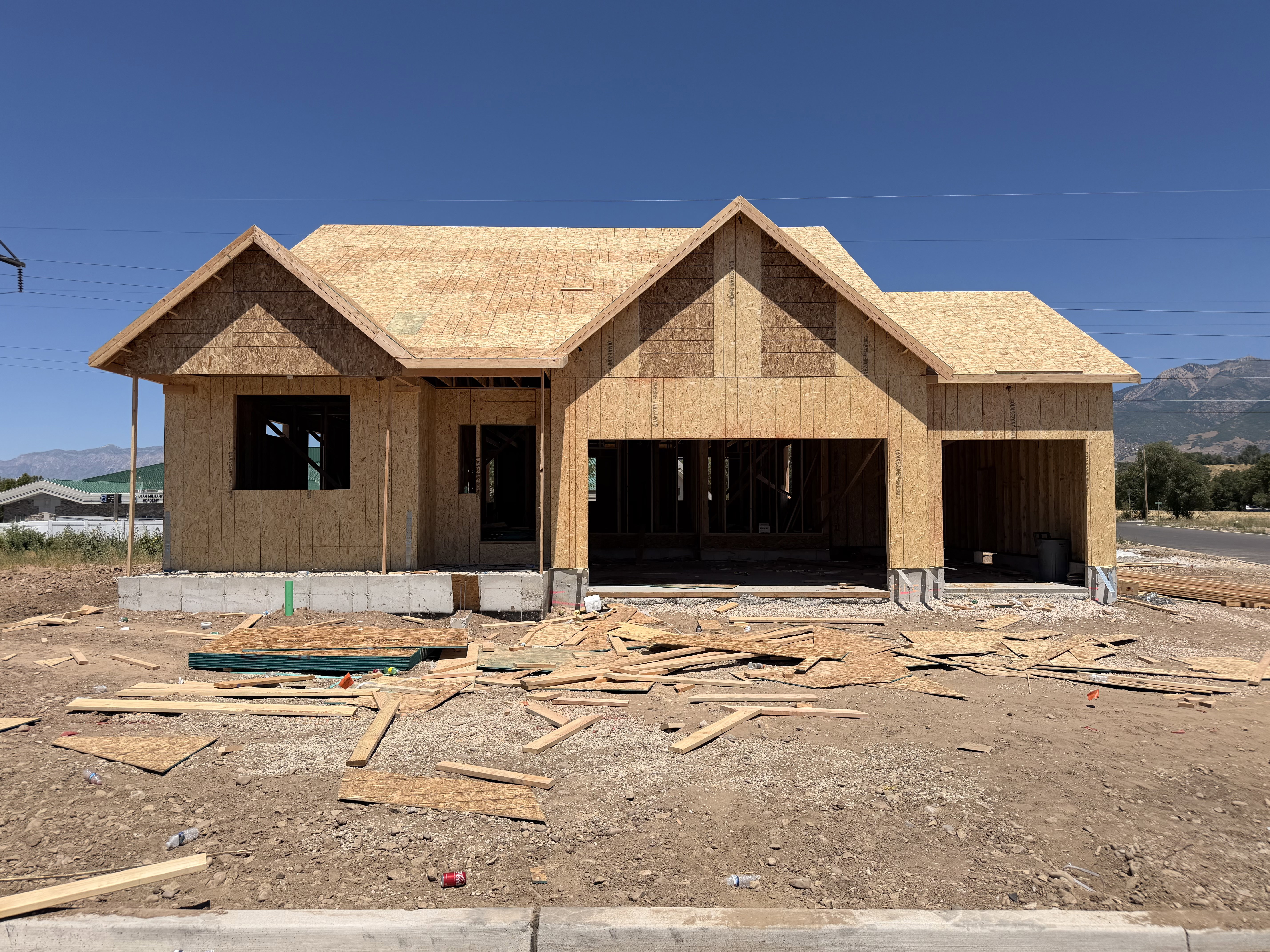 New construction framing with a two-car garage