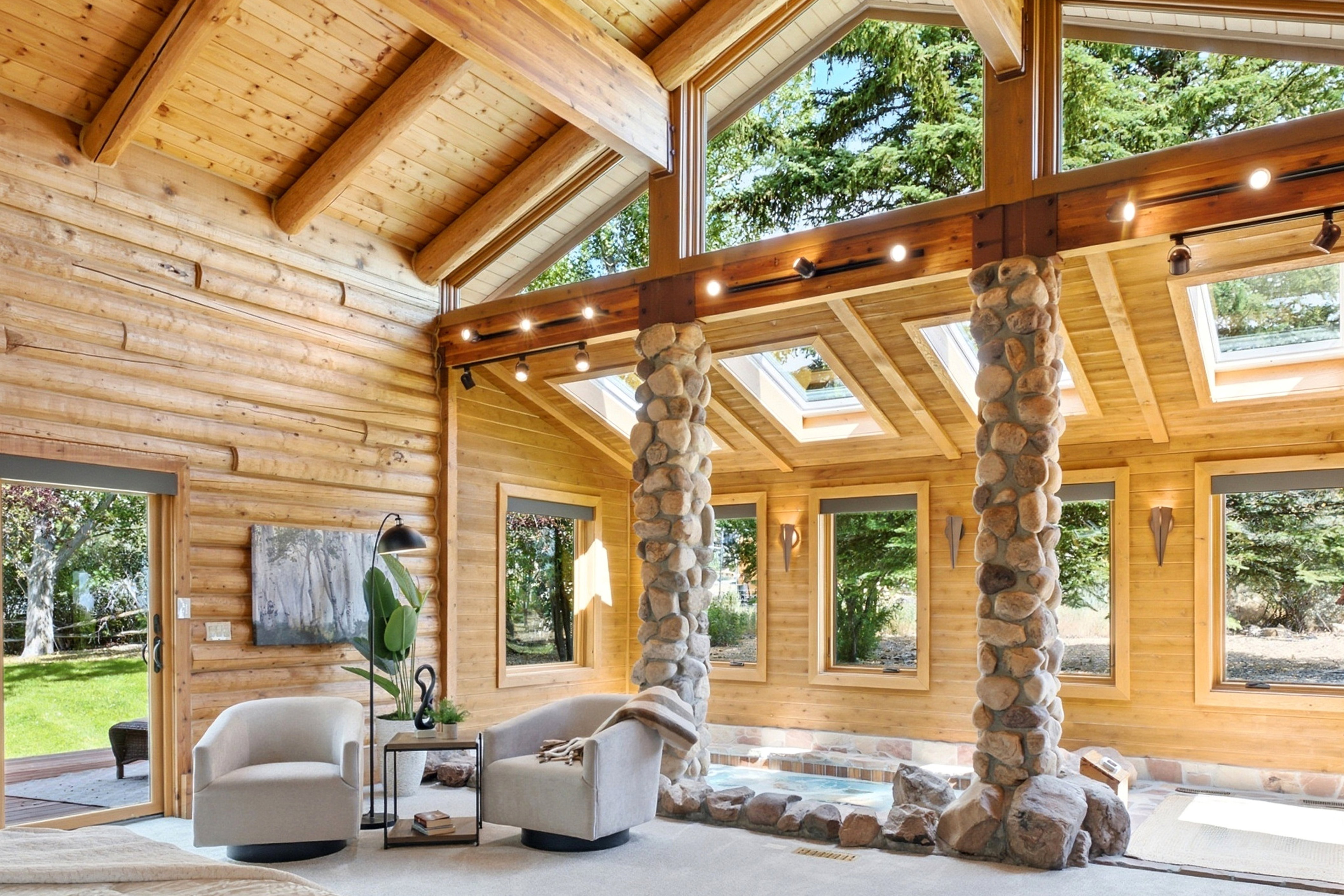 Vaulted wood-paneled ceiling with exposed beams