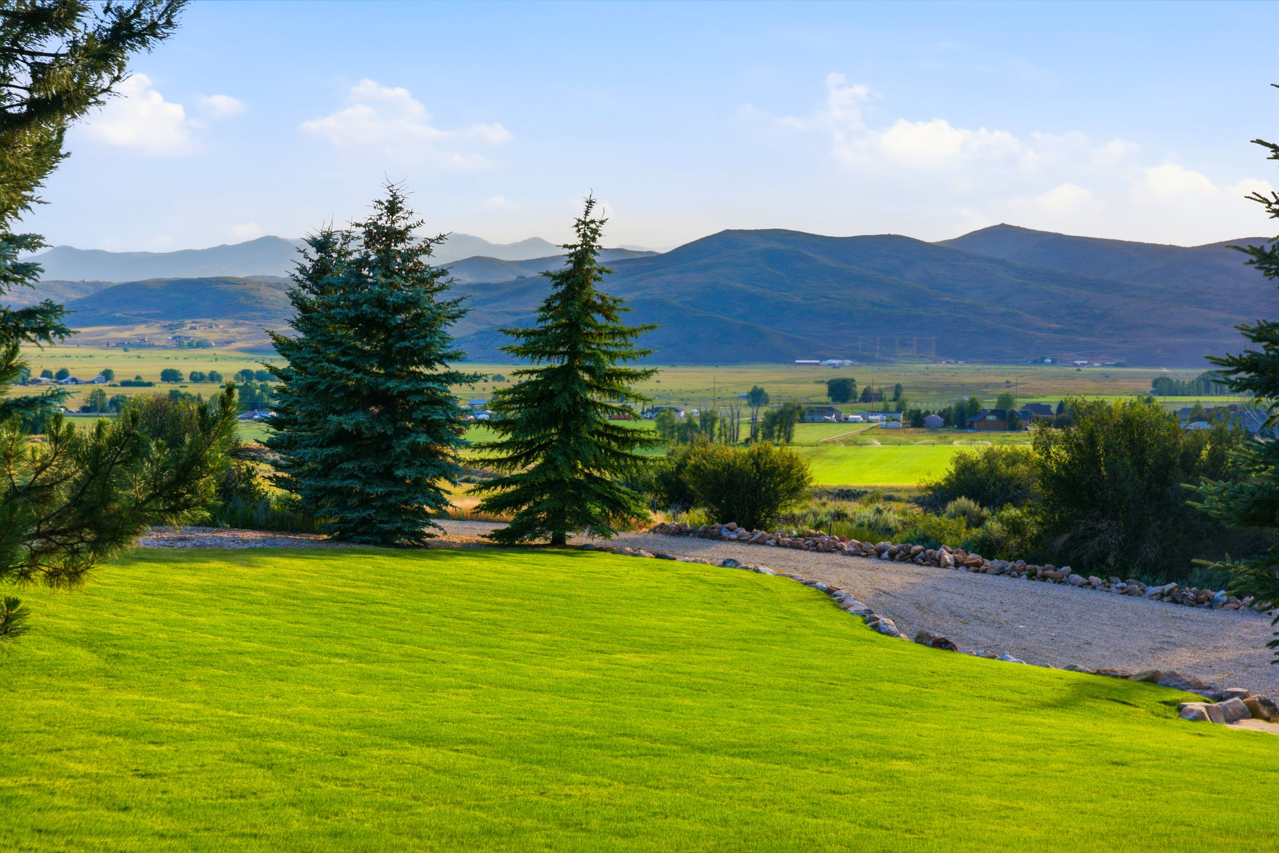 Expansive green lawn with mature evergreen trees, a gravel pathway, and distant mountain scenery