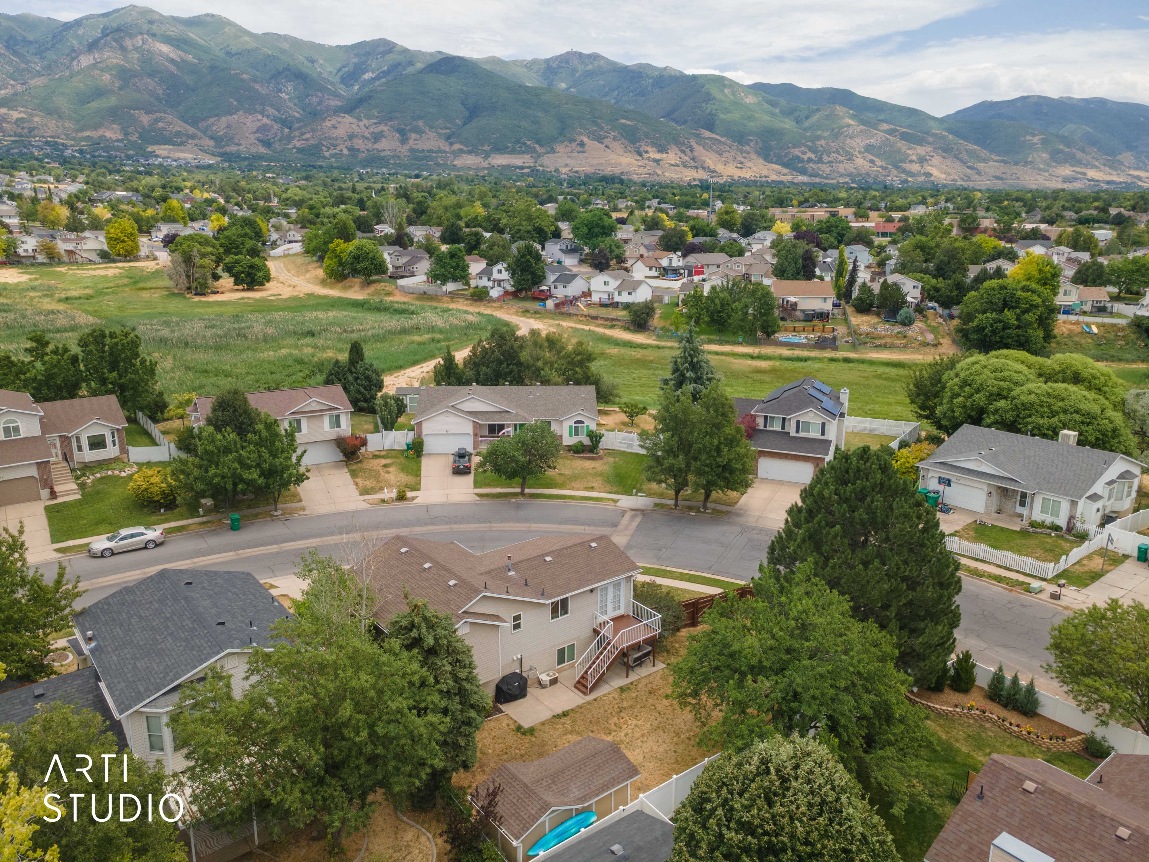 Suburban neighborhood featuring varied residential architecture and mature landscaping