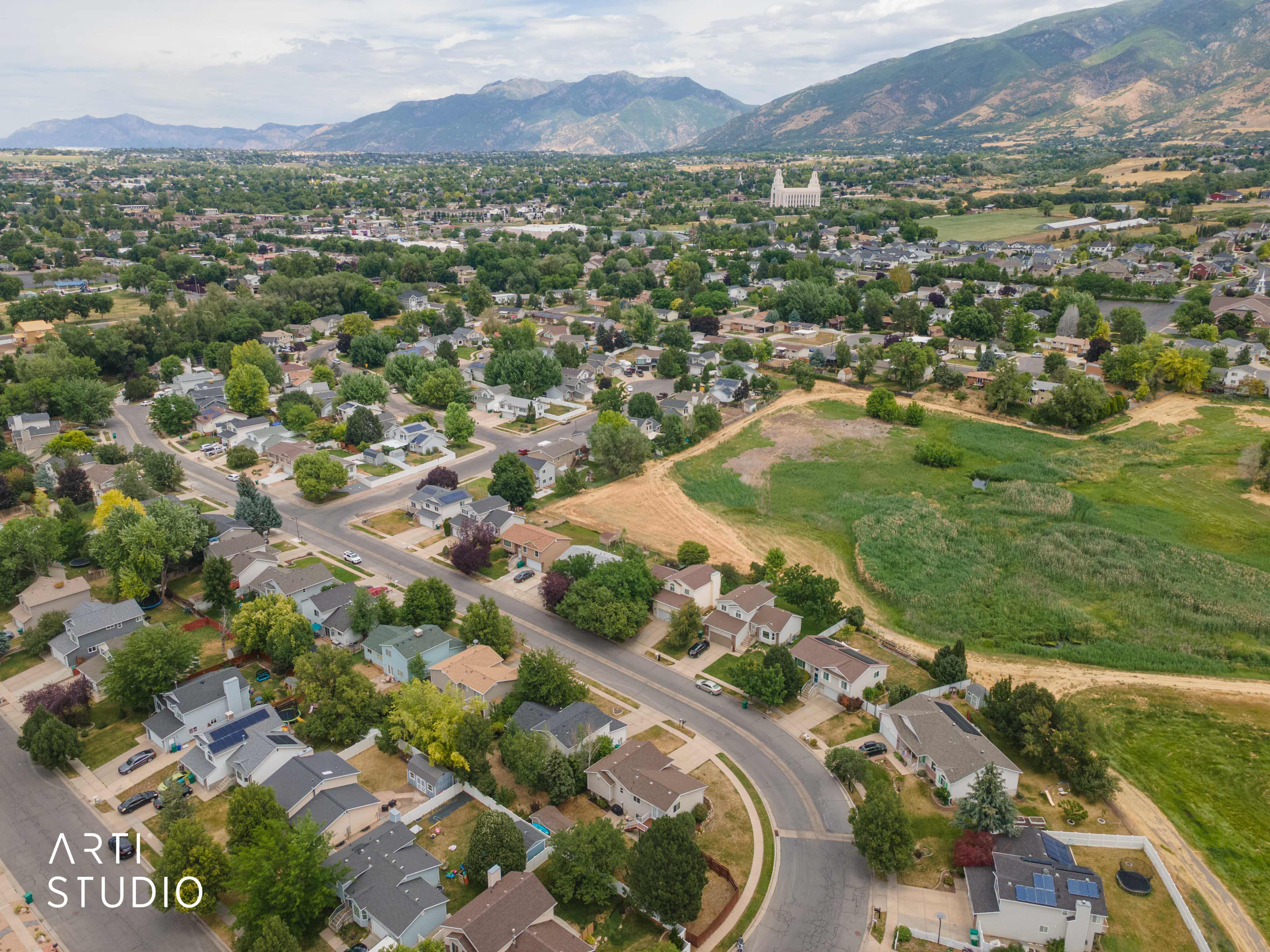 Aerial perspective showcasing a residential neighborhood with verdant trees and mountainous terrain