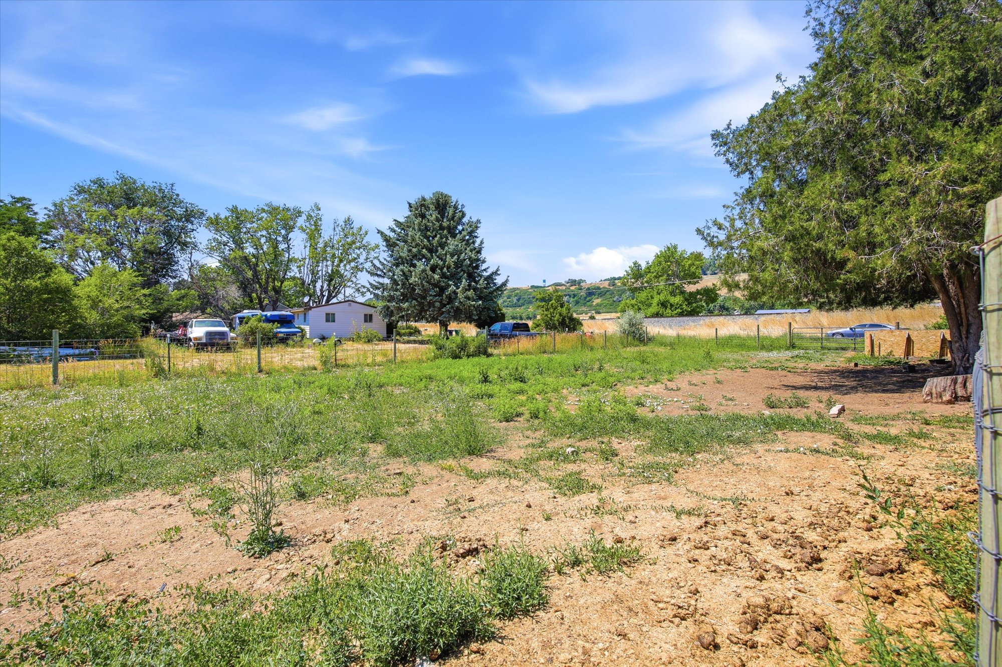 Expansive cleared land with mature perimeter trees, a wire fence line, and distant residential structures.  .5 share irrigation water included with new pump.