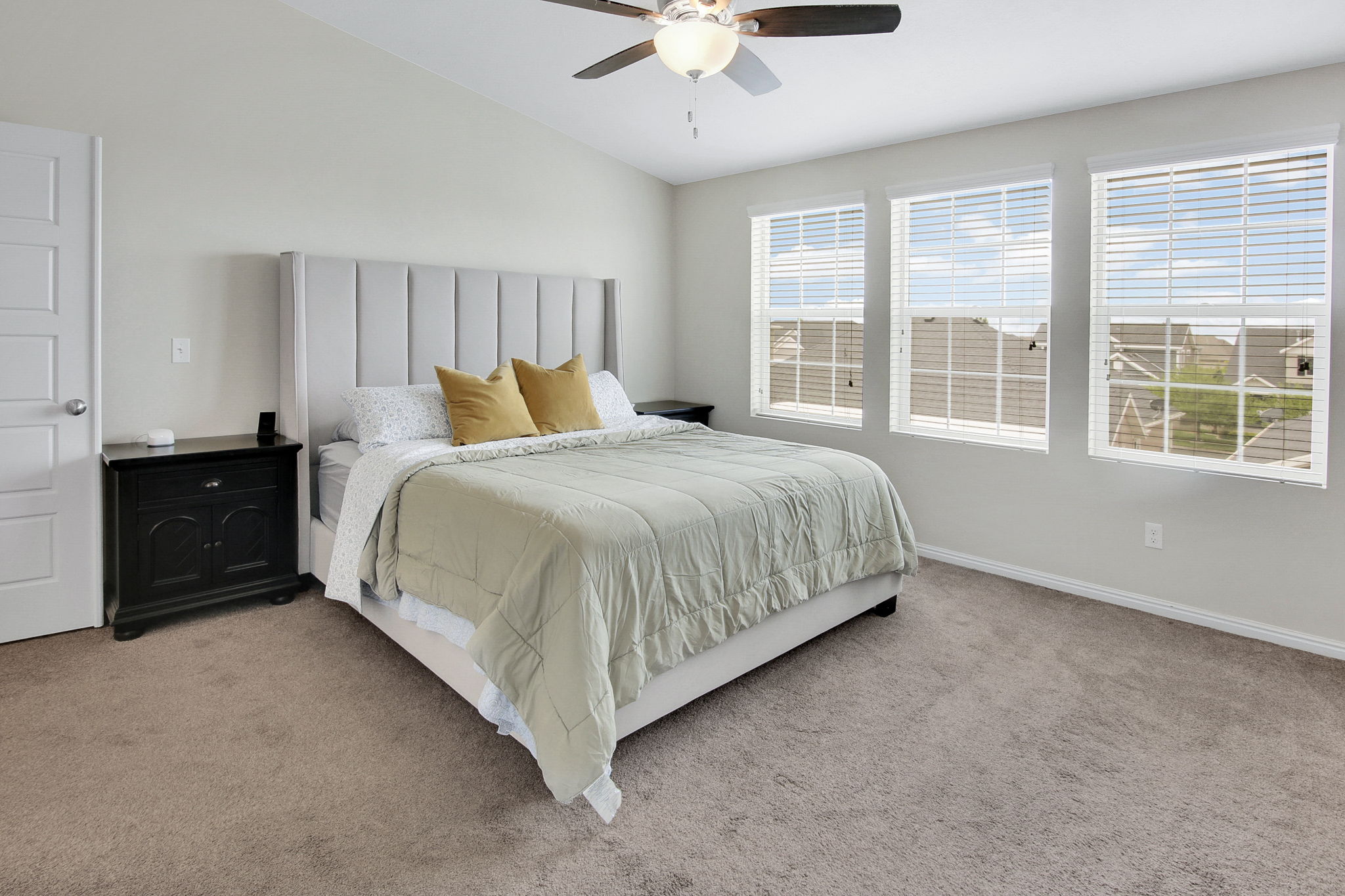 Carpeted room featuring a ceiling fan with integrated lighting, three windows with horizontal blinds, and an interior door with paneled design