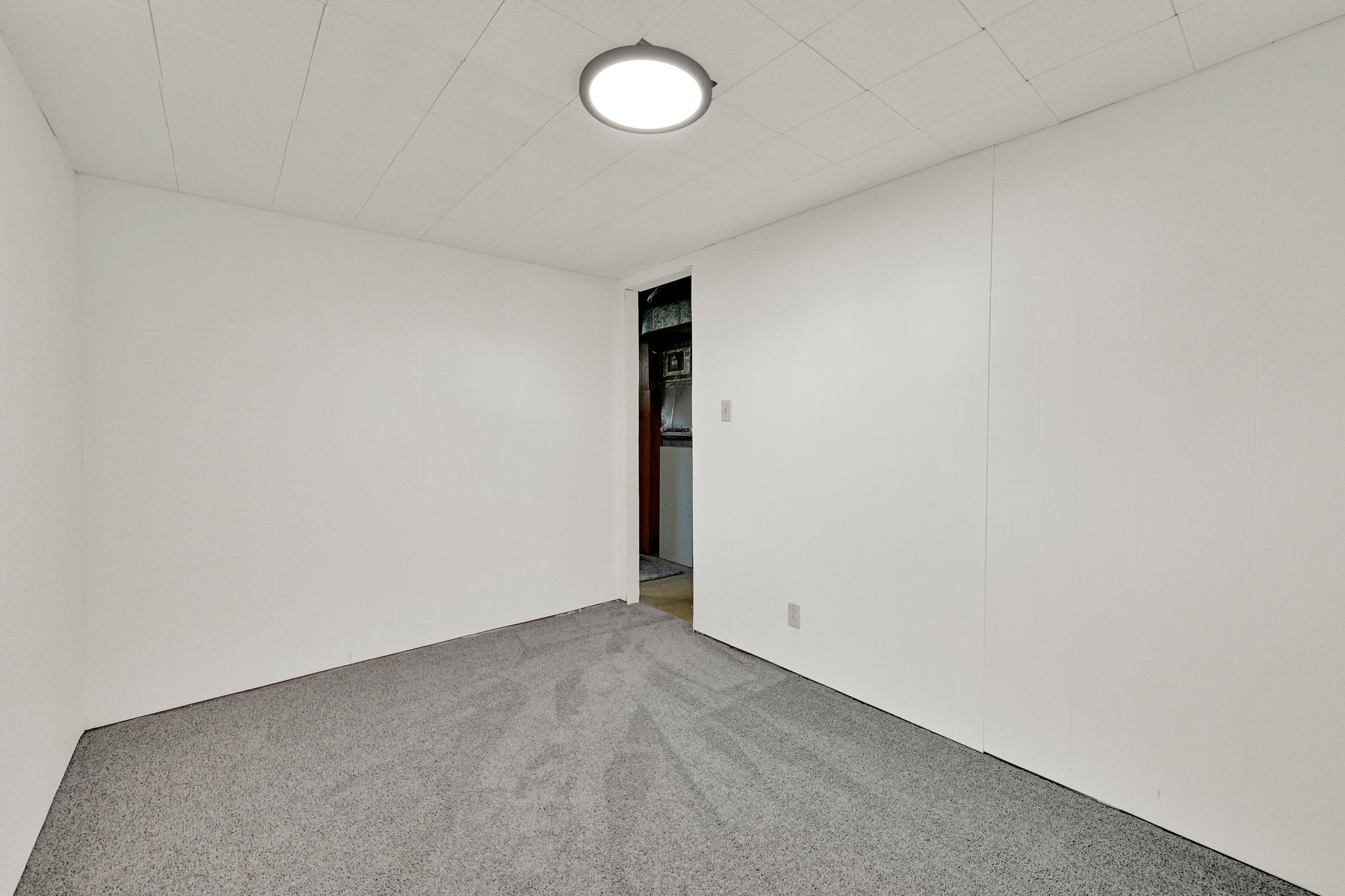 Room with light grey carpet, white walls, a flush-mount ceiling light fixture, and a drop ceiling